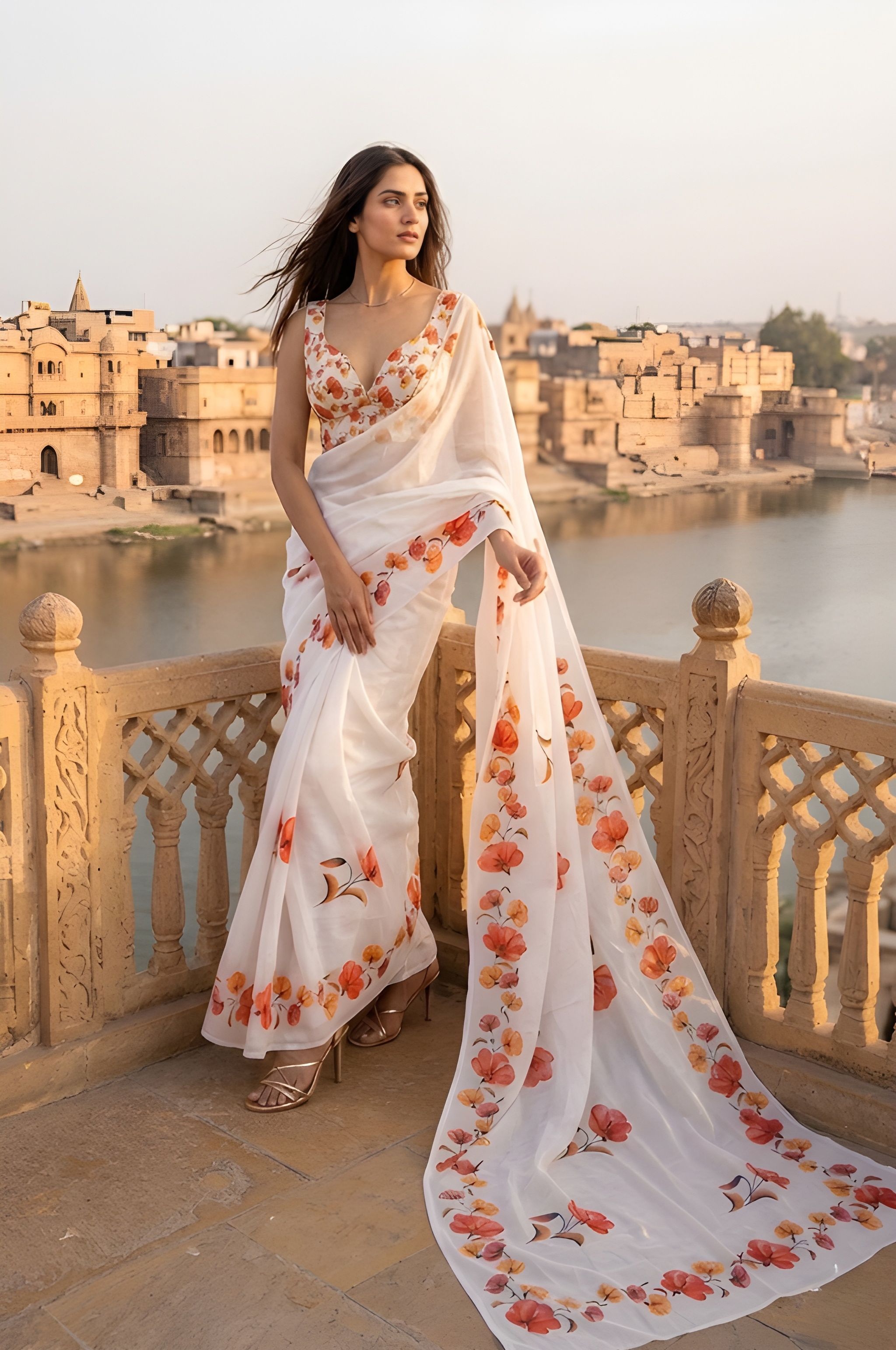 White Floral Drsigner Printed Silver Cotton Saree