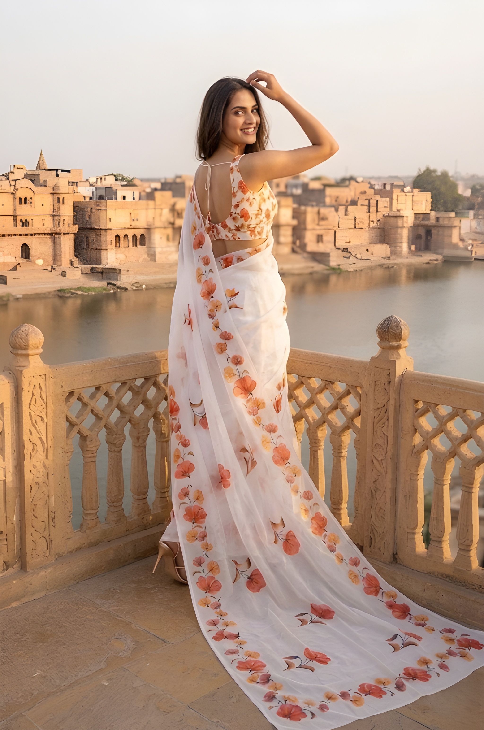 White Floral Drsigner Printed Silver Cotton Saree — alternate view