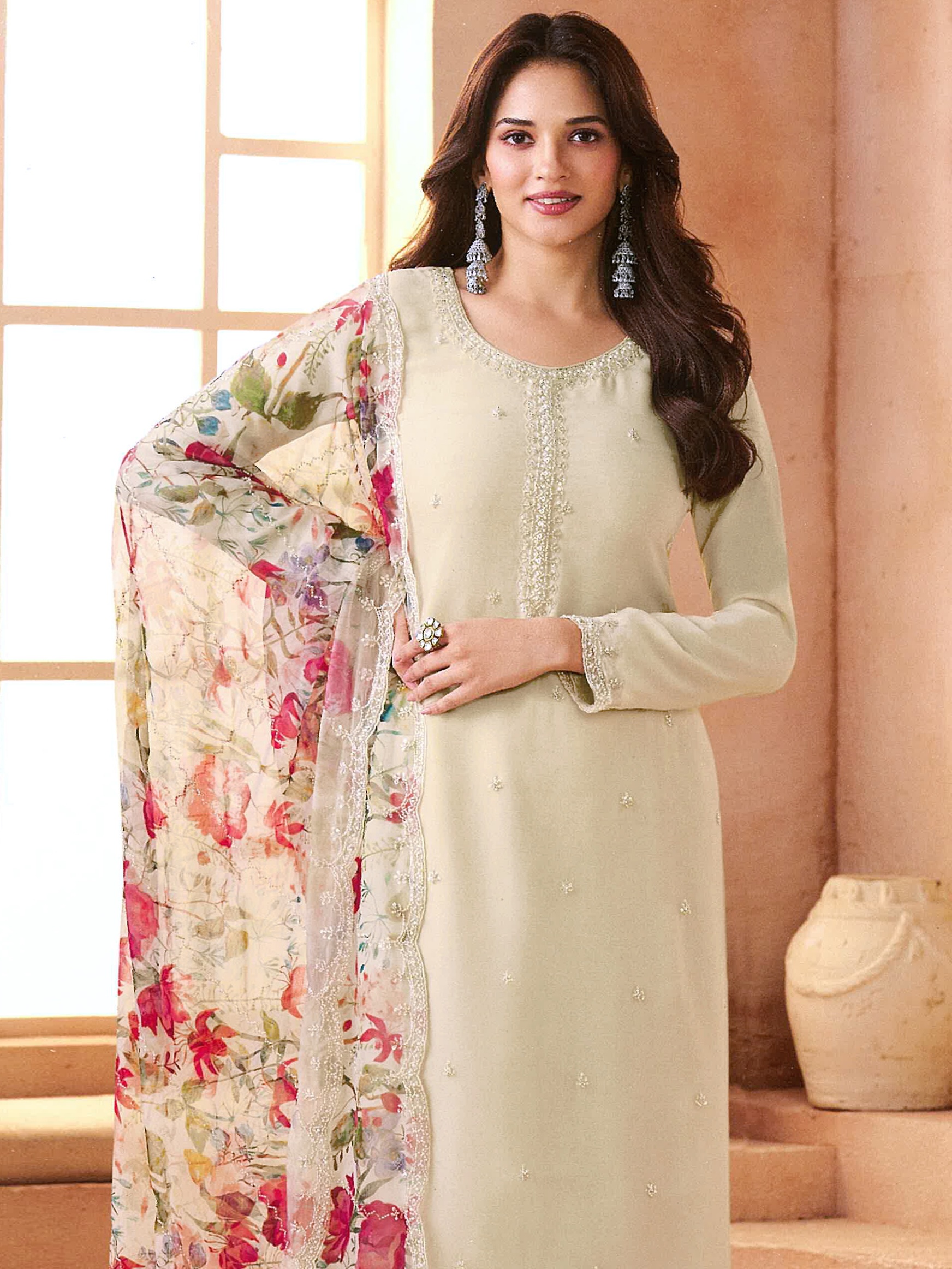 White Floral Embroidered Chiffon Salwar Suit — alternate view