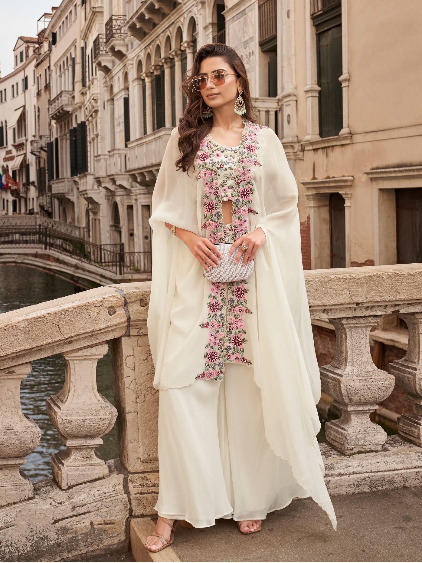 White Floral Embroidered Chinon Indo Western Set