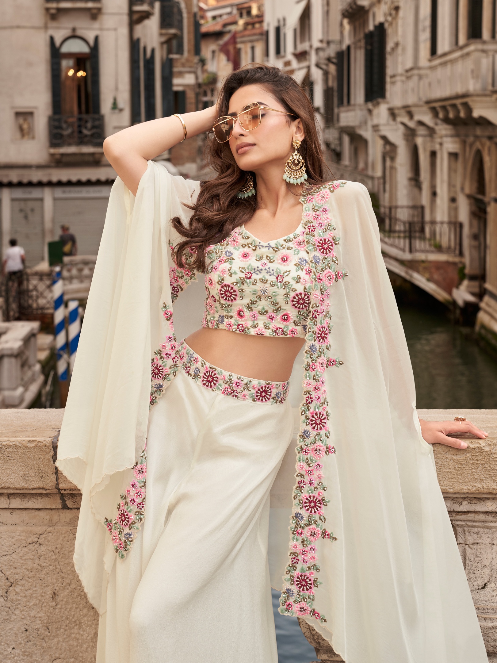 White Floral Embroidered Chinon Indo Western Set
