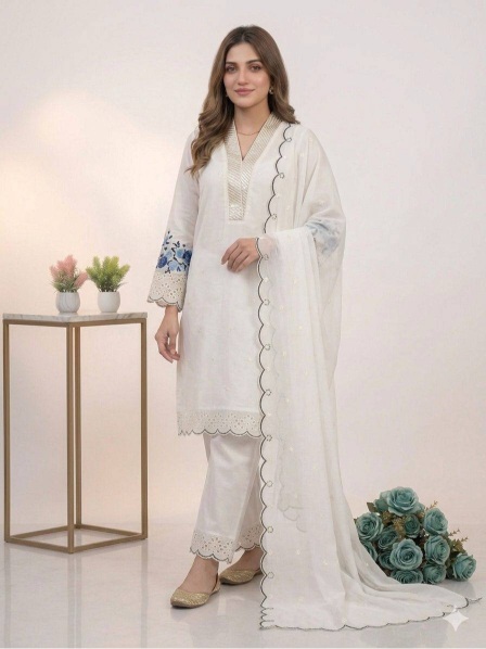 White Floral Embroidered Mal Chanderi Silk Salwar Suit