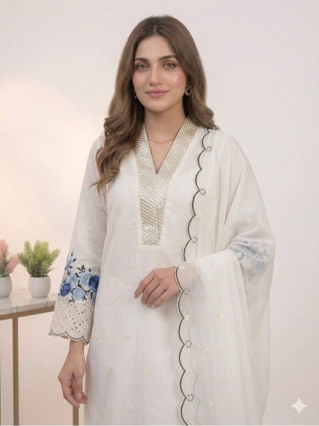 White Floral Embroidered Mal Chanderi Silk Salwar Suit