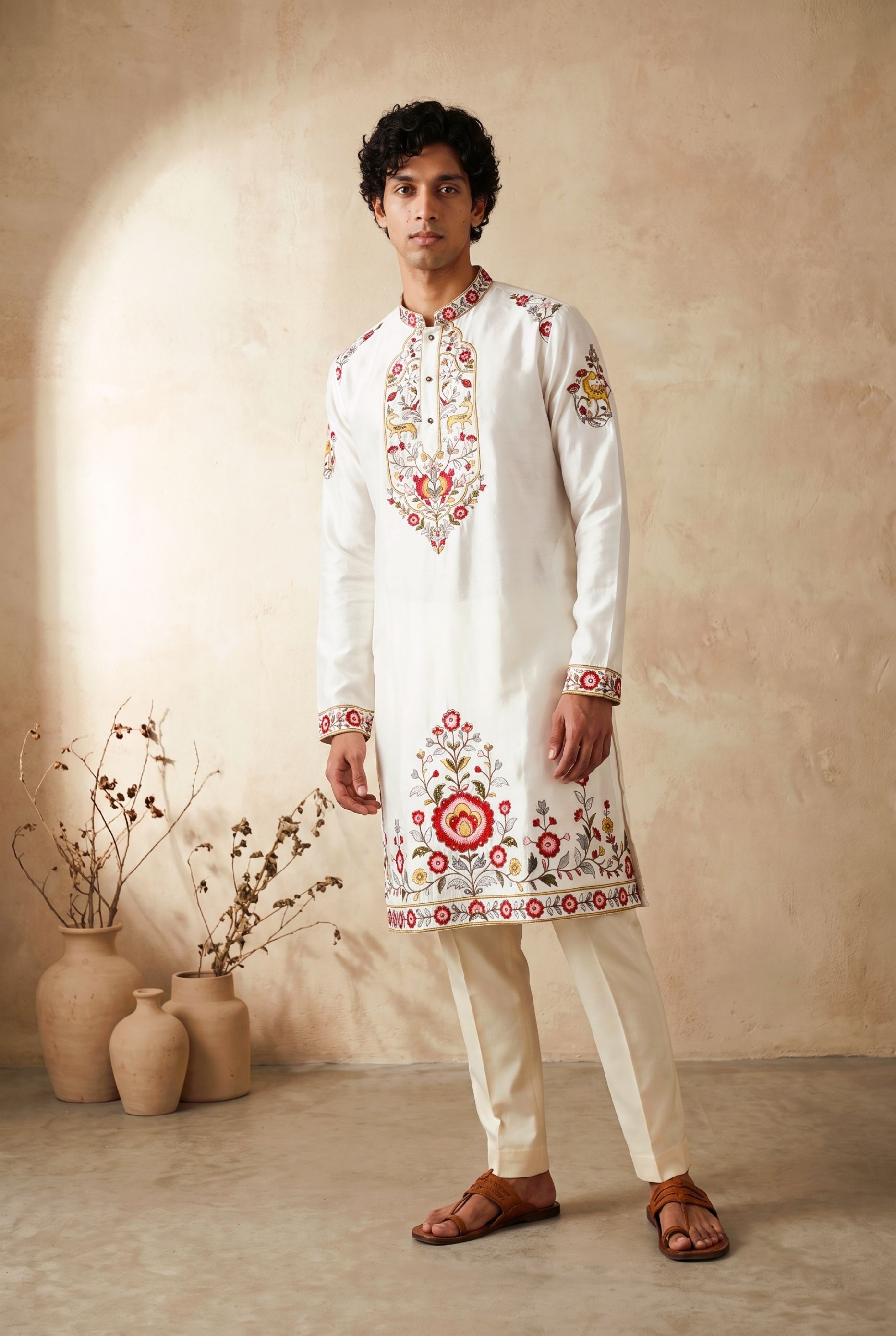 White Floral Embroidered Silk Kurta Pyjama