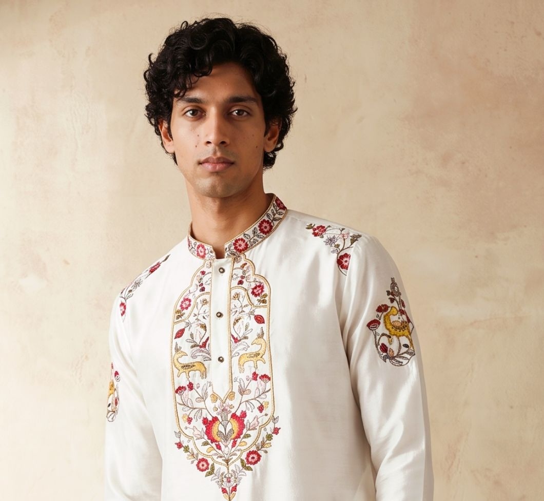 White Floral Embroidered Silk Kurta Pyjama — alternate view