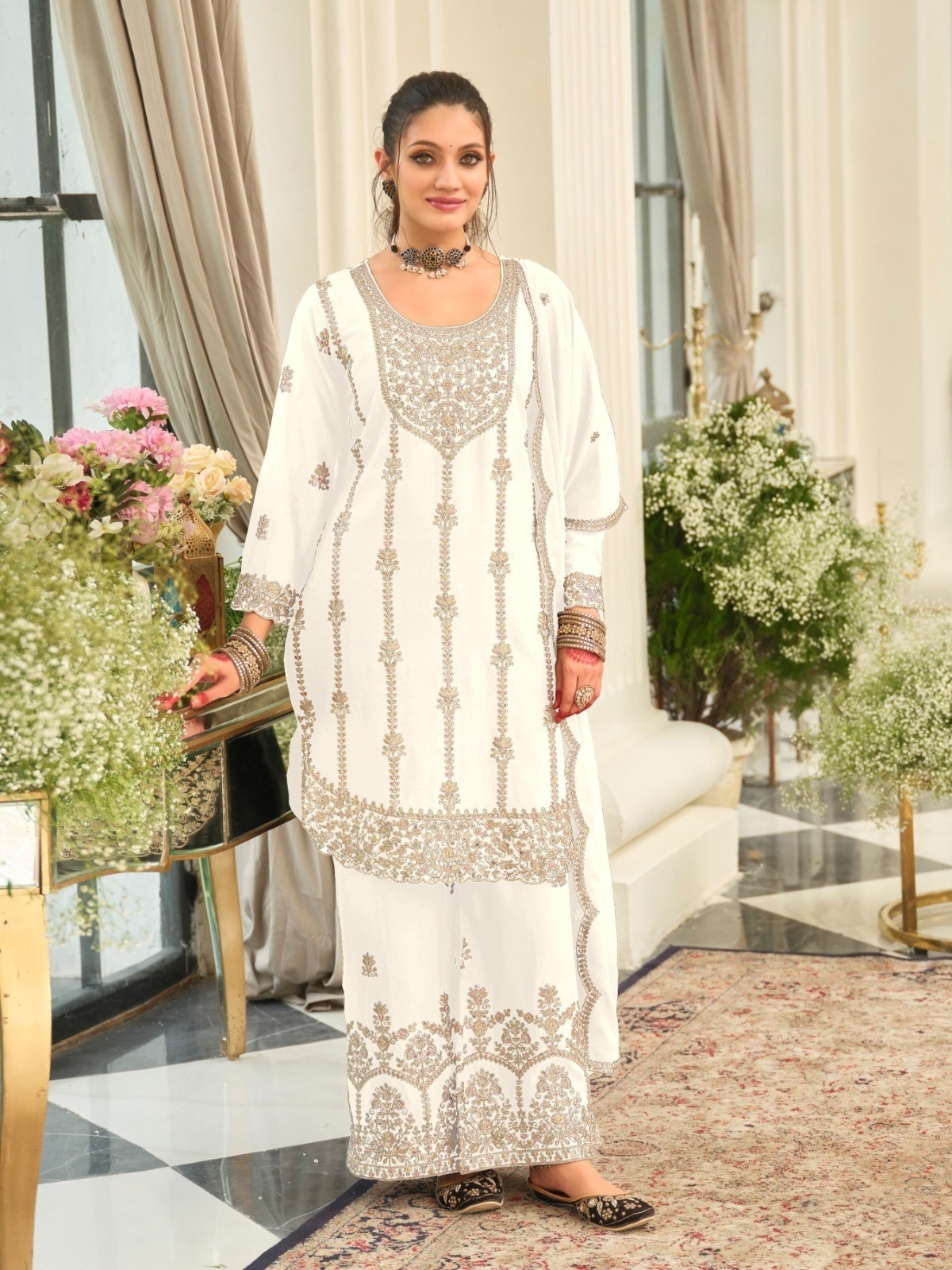 White Floral Embroidery Chinon Palazzo Suit