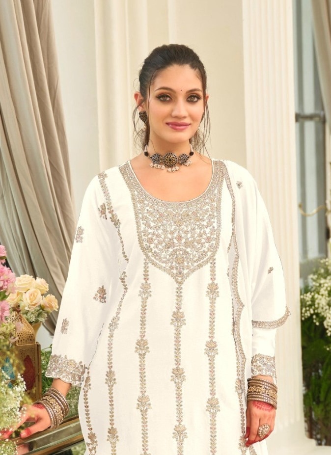 White Floral Embroidery Chinon Palazzo Suit — alternate view