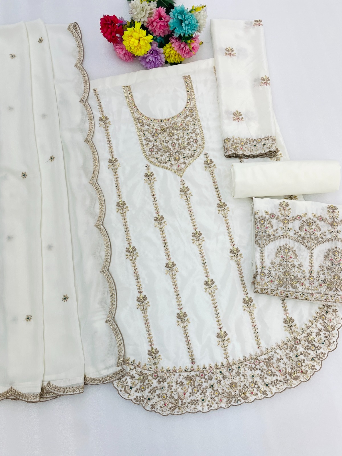 White Floral Embroidery Chinon Palazzo Suit