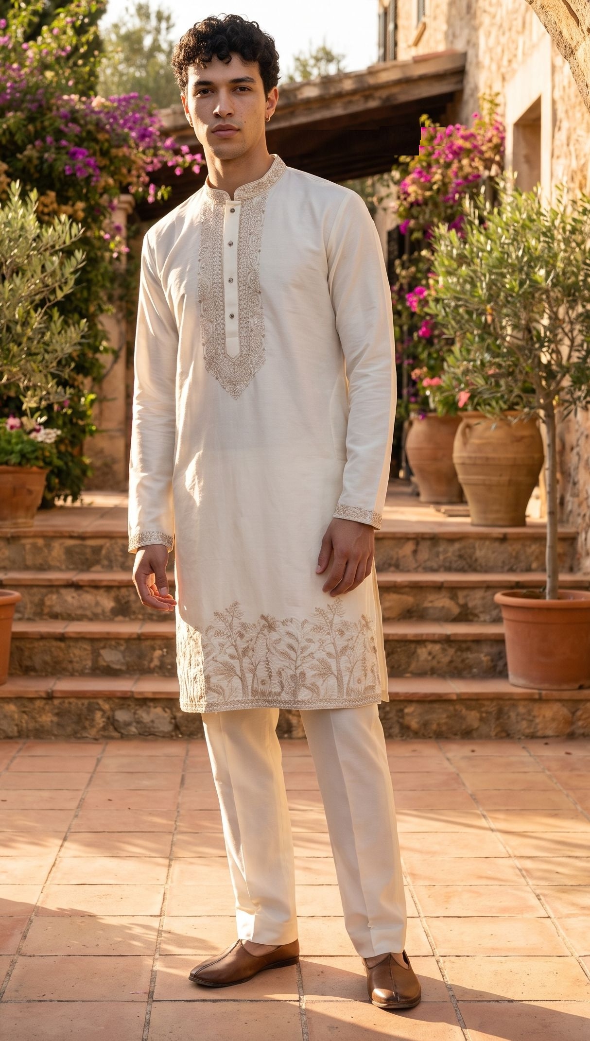 White Floral Embroidery Cotton Kurta Pyjama