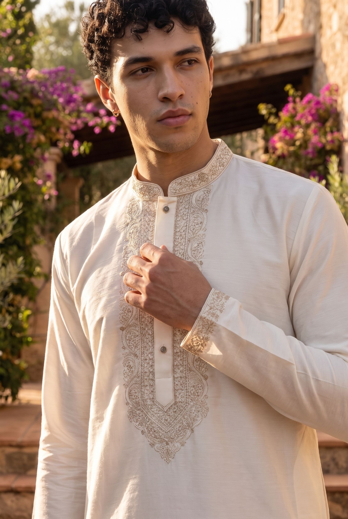 White Floral Embroidery Cotton Kurta Pyjama