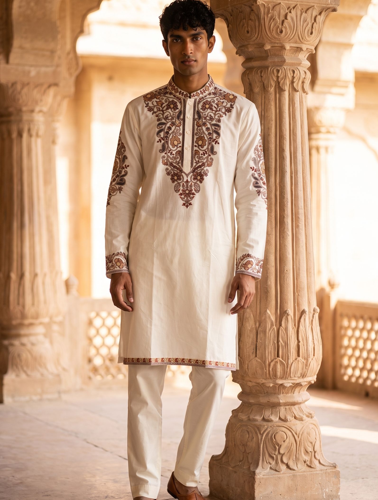 White Floral Embroidery Imported Lachka Kurta Pyjama
