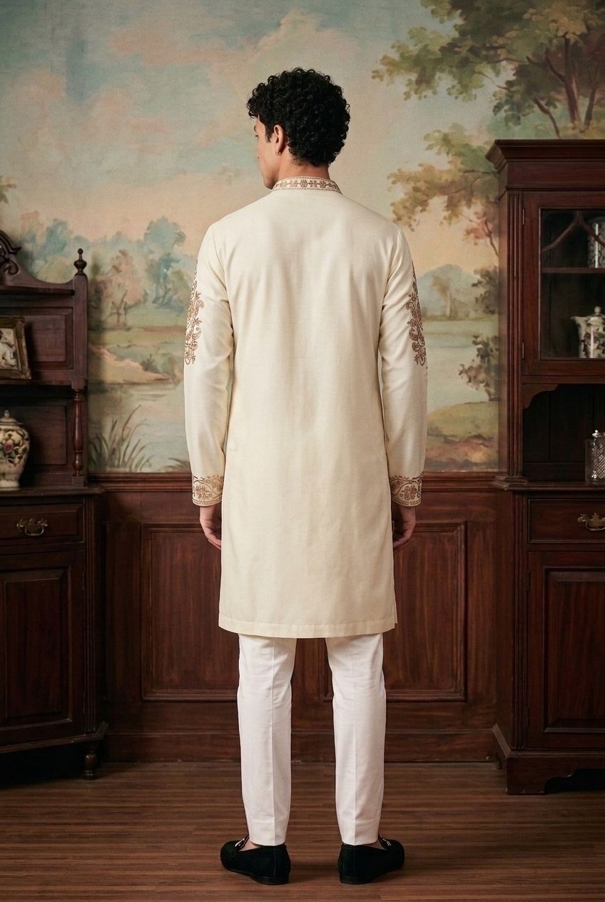 White Floral Embroidery Imported Lachka Kurta Pyjama — alternate view