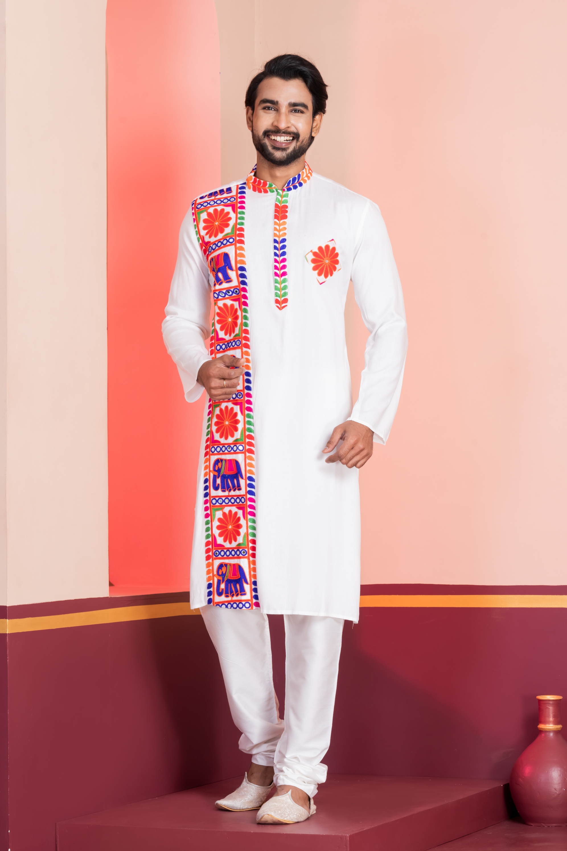 White Floral Embroidery Rayon Kurta Pyjama