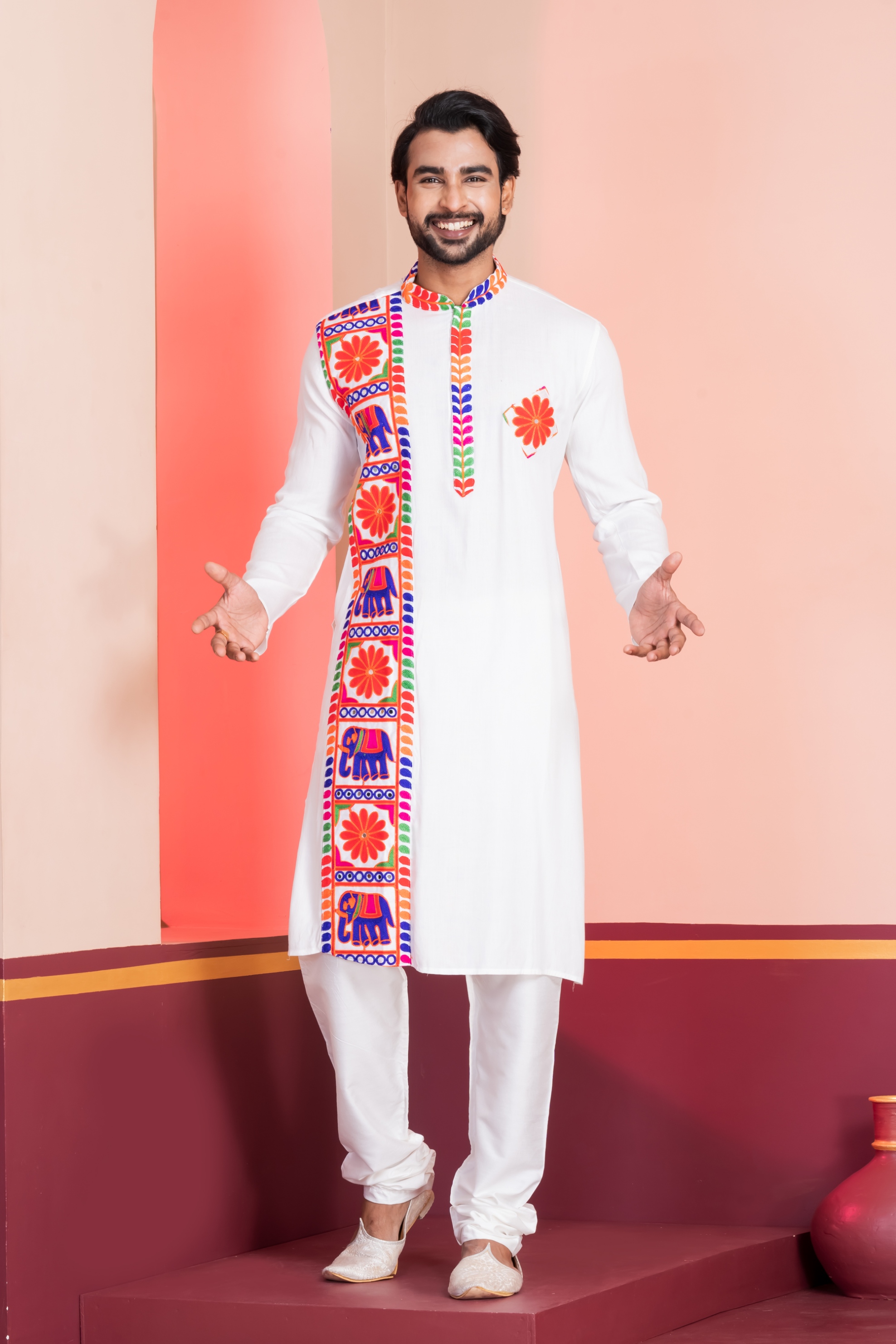 White Floral Embroidery Rayon Kurta Pyjama
