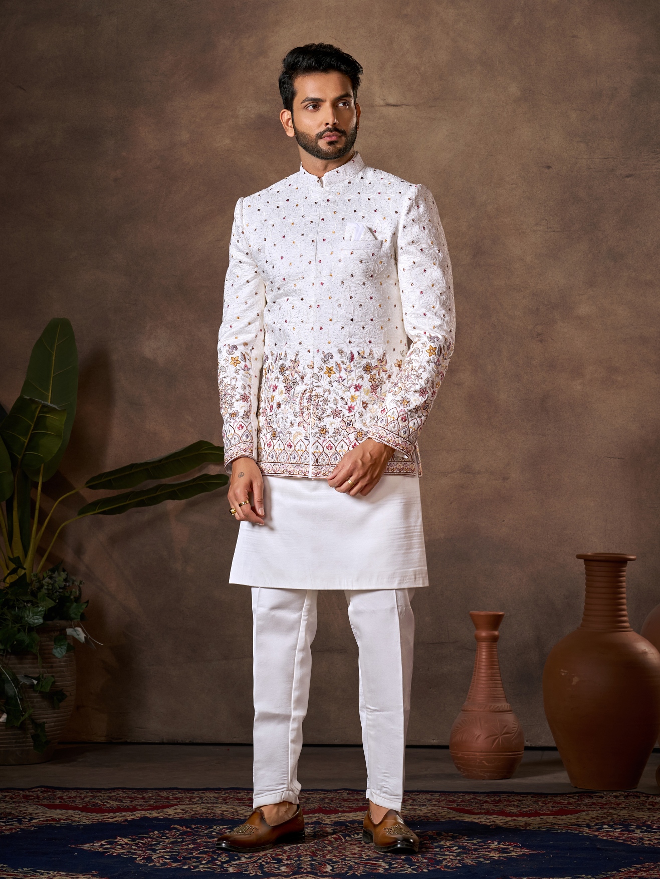 White Floral Embroidery Silk Indo-Western Sherwani