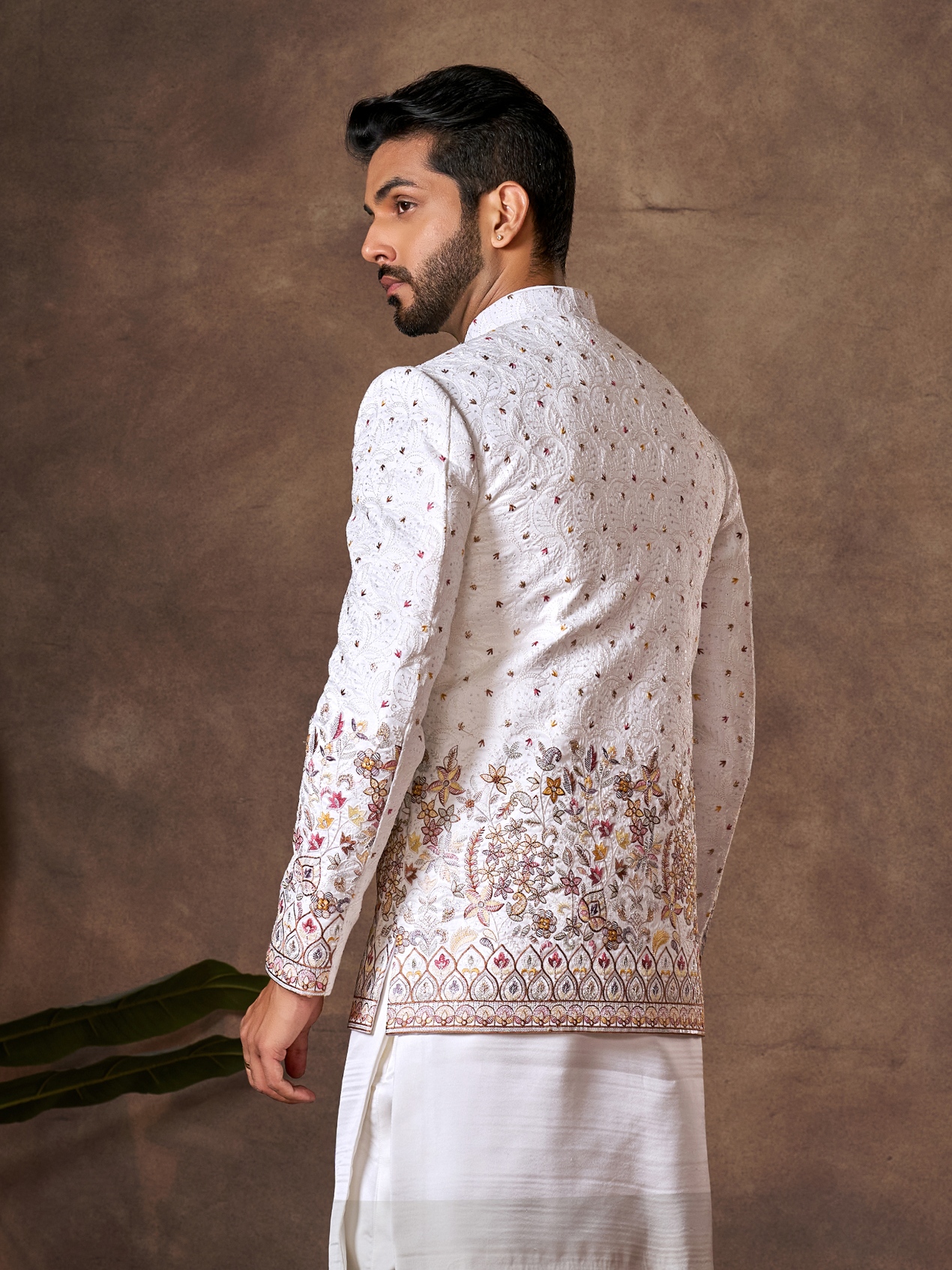 White Floral Embroidery Silk Indo-Western Sherwani — alternate view