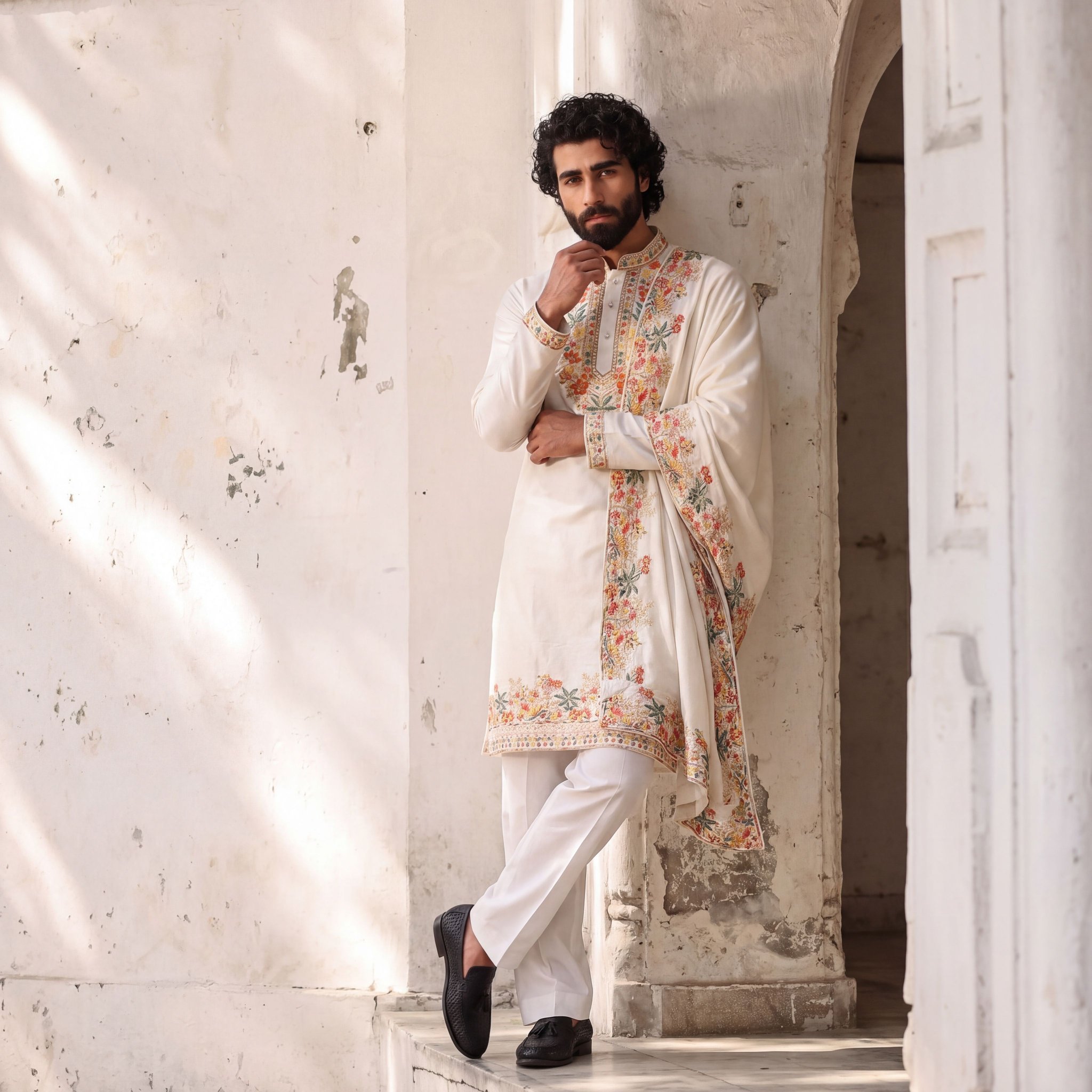 White Floral Embroidery Silk Kurta Pyjama