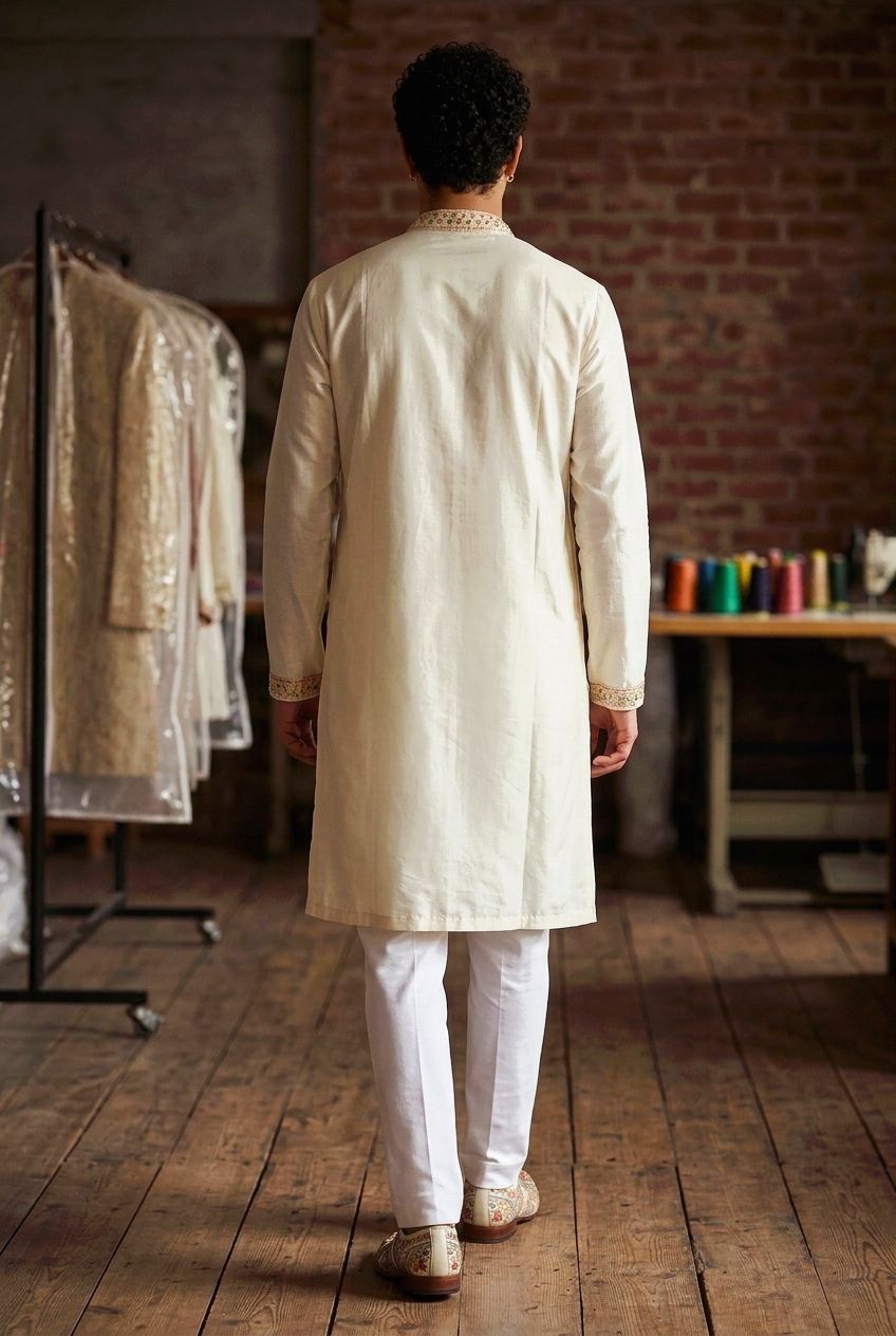 White Floral Embroidery Silk Kurta Pyjama — alternate view