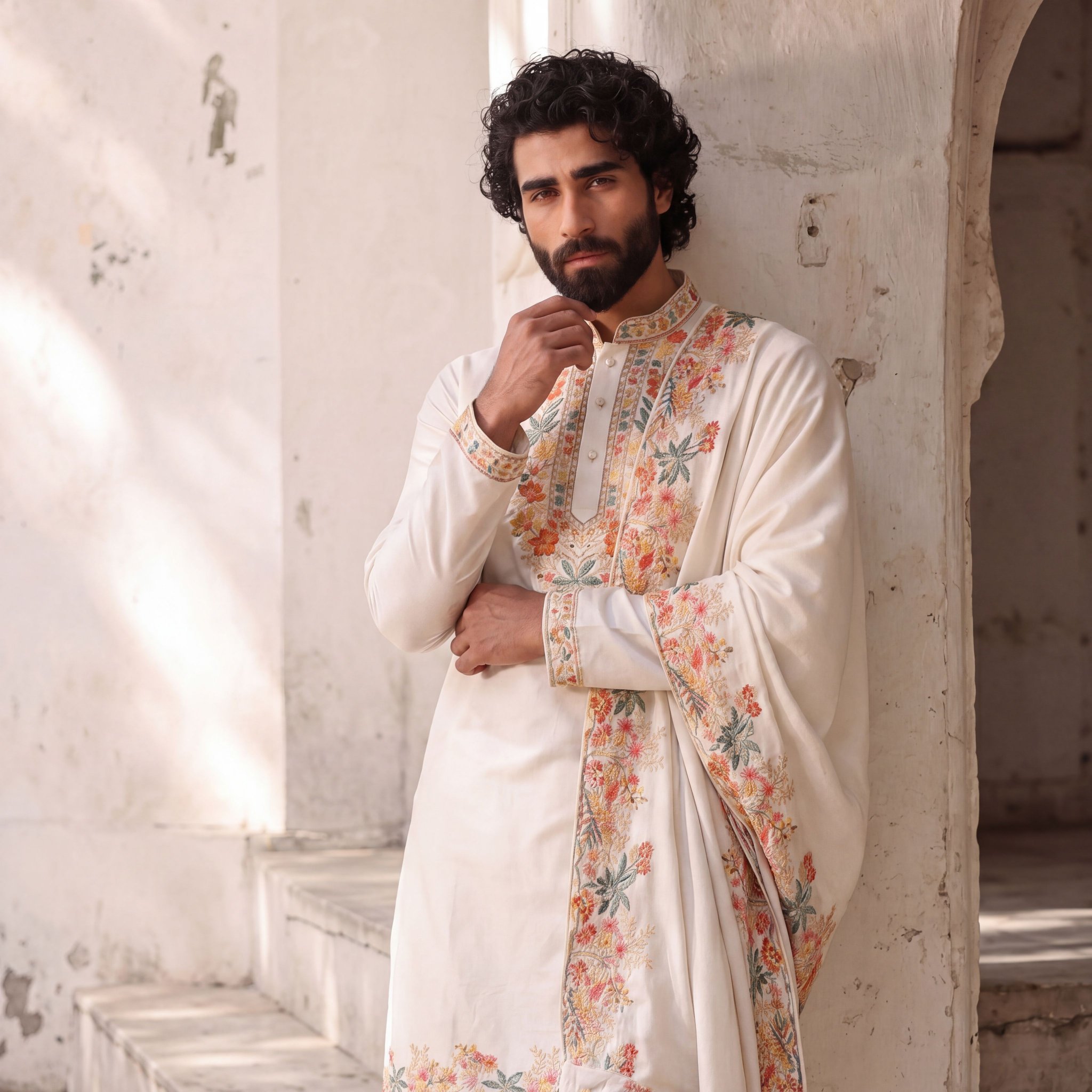 White Floral Embroidery Silk Kurta Pyjama