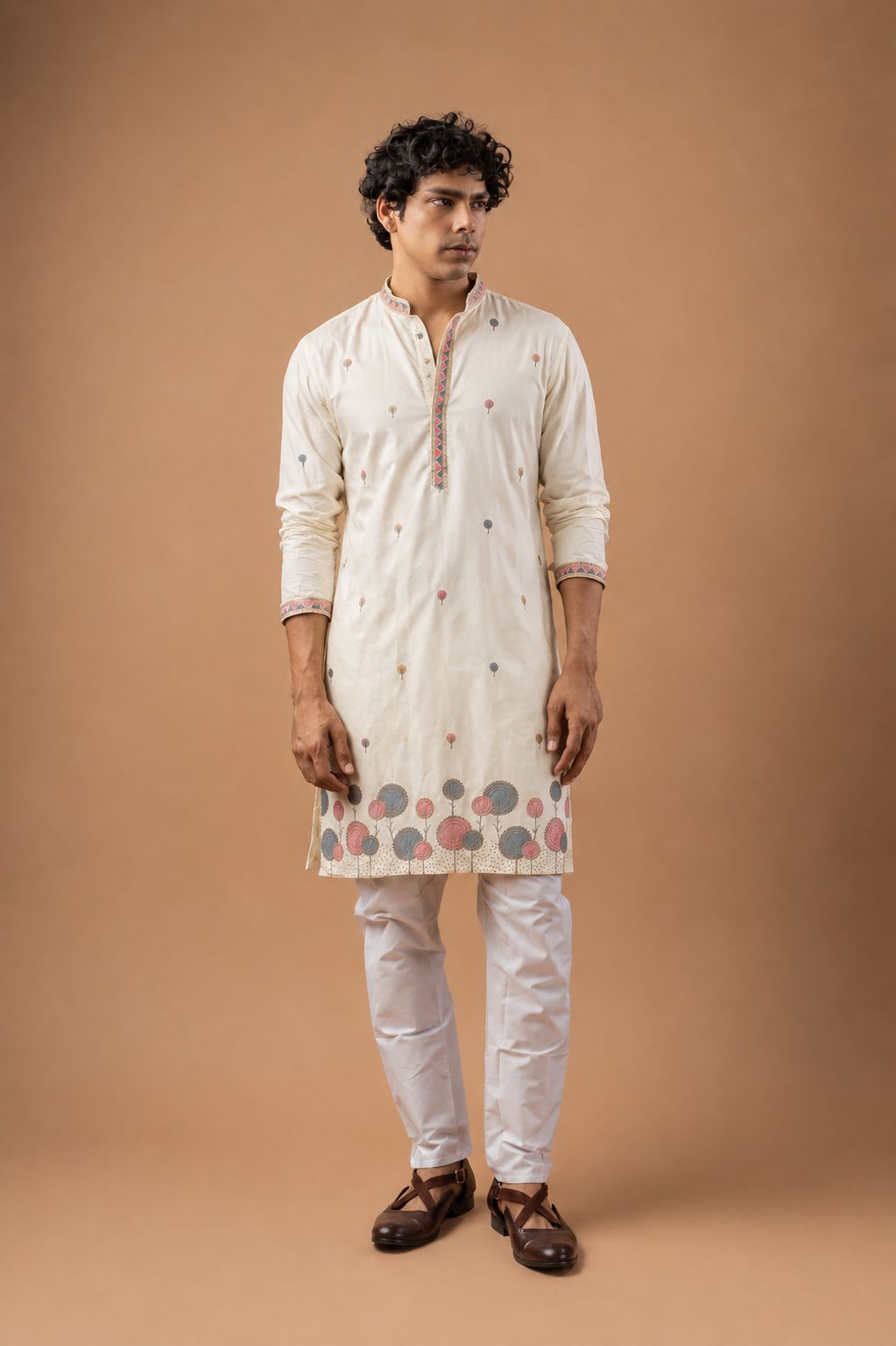 White Floral Embroidery Viscose Silk Kurta Set