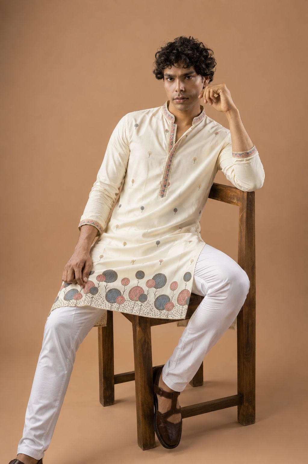 White Floral Embroidery Viscose Silk Kurta Set