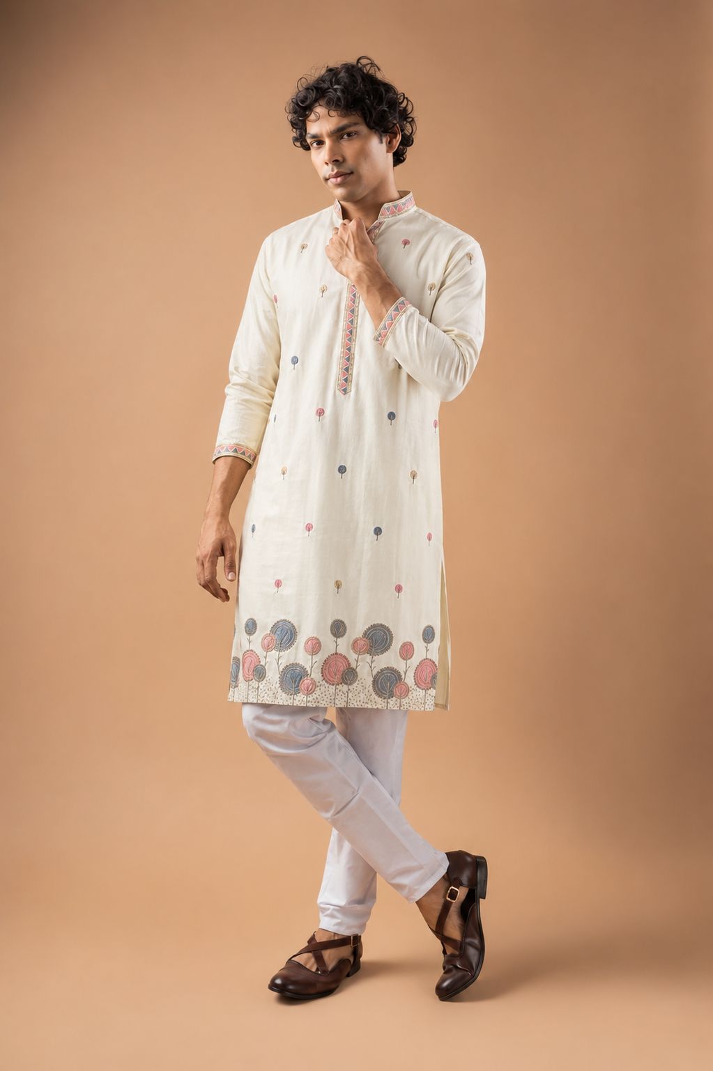 White Floral Embroidery Viscose Silk Kurta Set