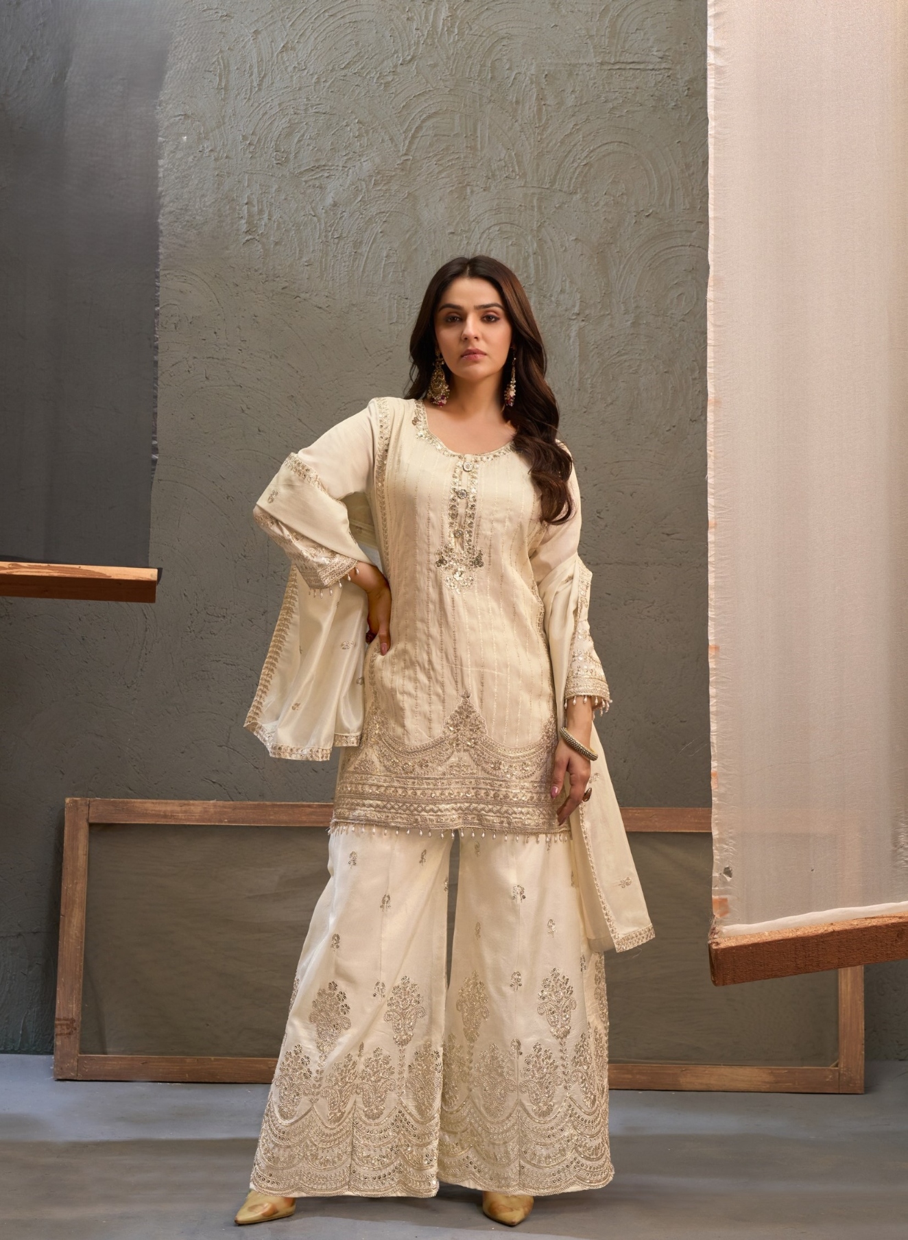 White Floral Heavy Designer Embroidery Viscose Palazzo Suit