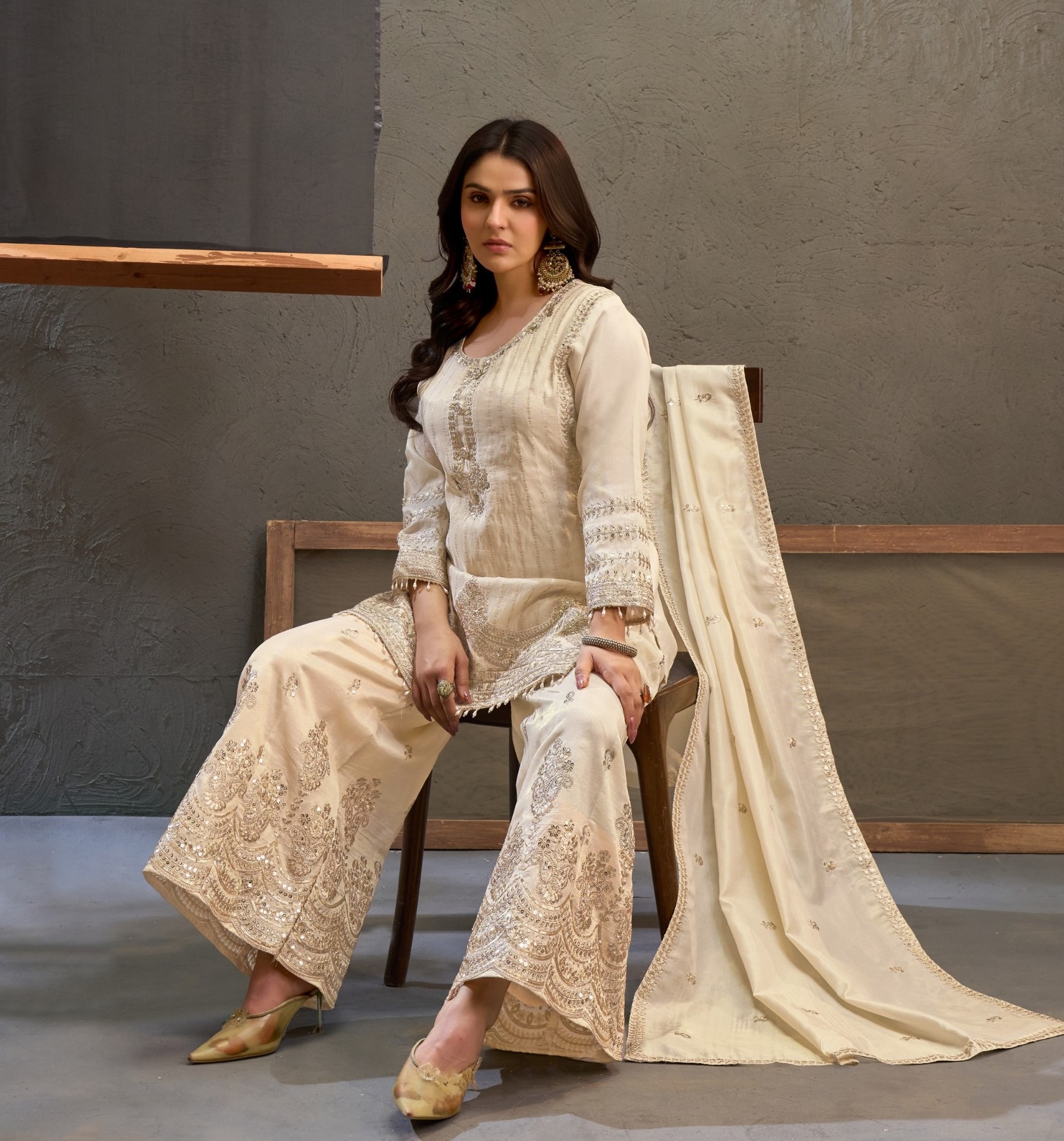 White Floral Heavy Designer Embroidery Viscose Palazzo Suit