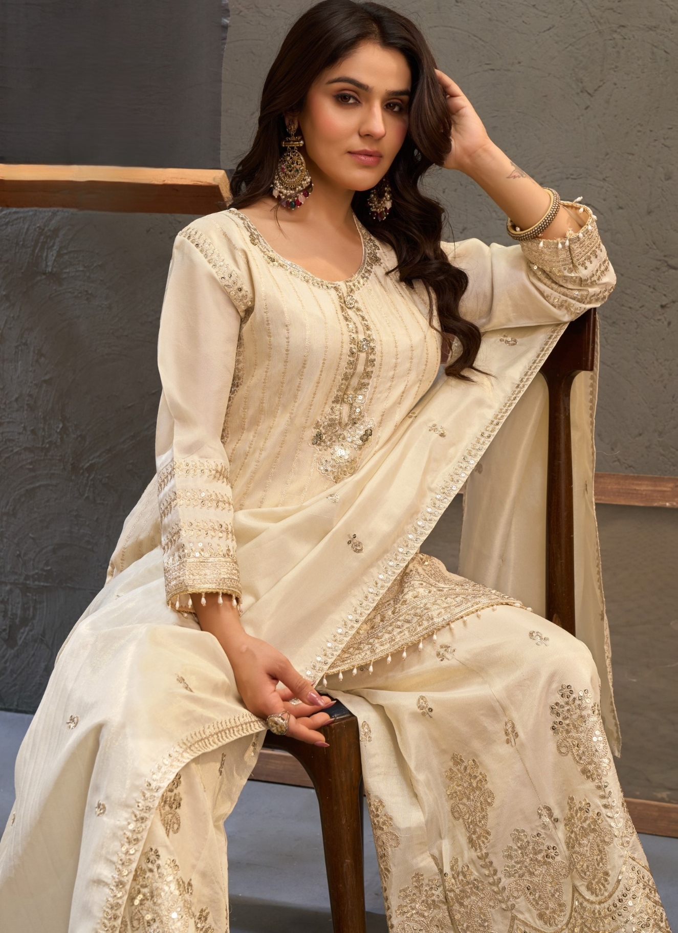 White Floral Heavy Designer Embroidery Viscose Palazzo Suit