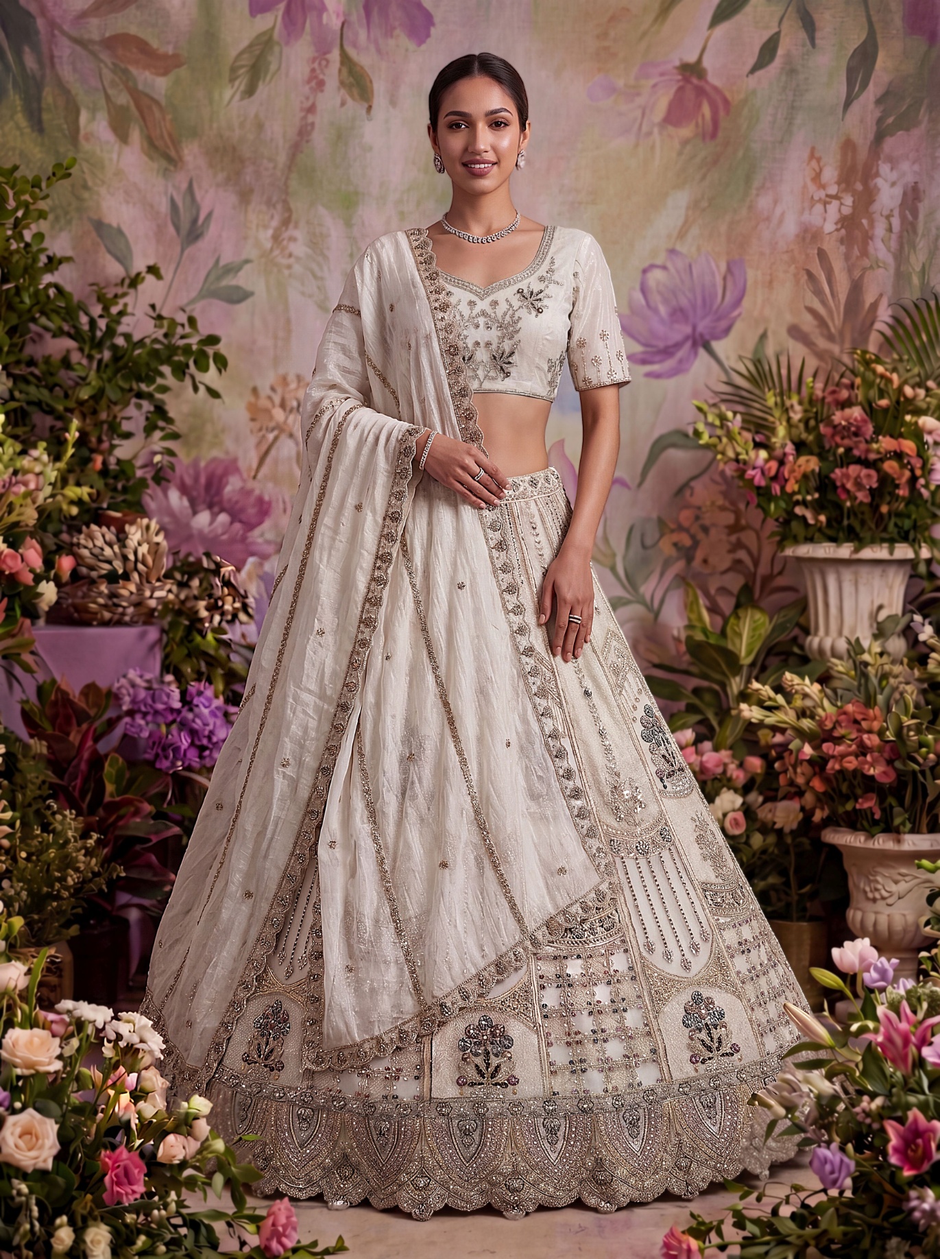 White Floral Jaal Embroidery Net Lehenga Choli