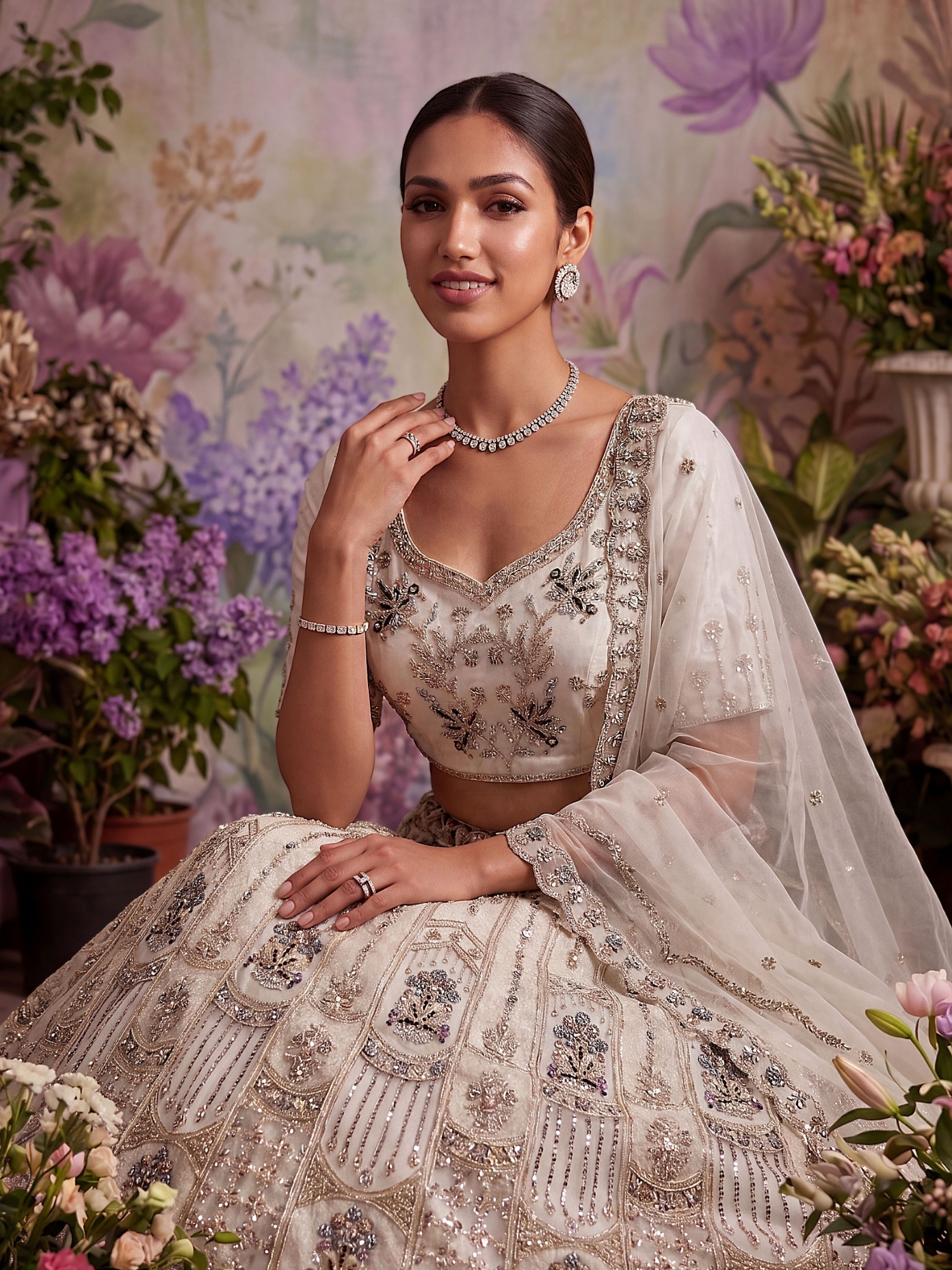 White Floral Jaal Embroidery Net Lehenga Choli — alternate view