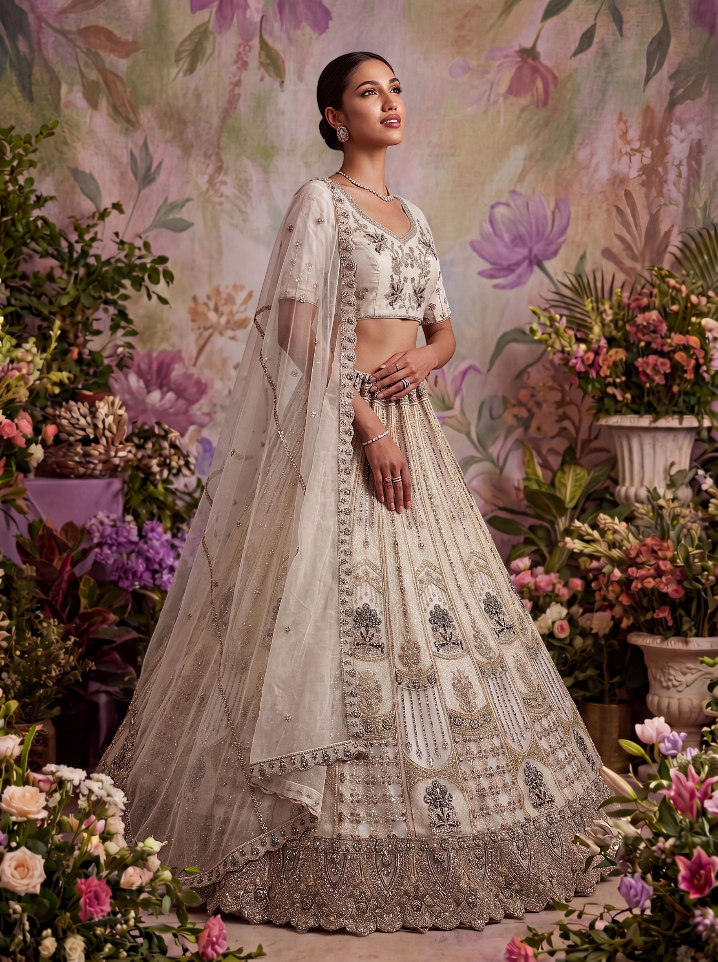White Floral Jaal Embroidery Net Lehenga Choli