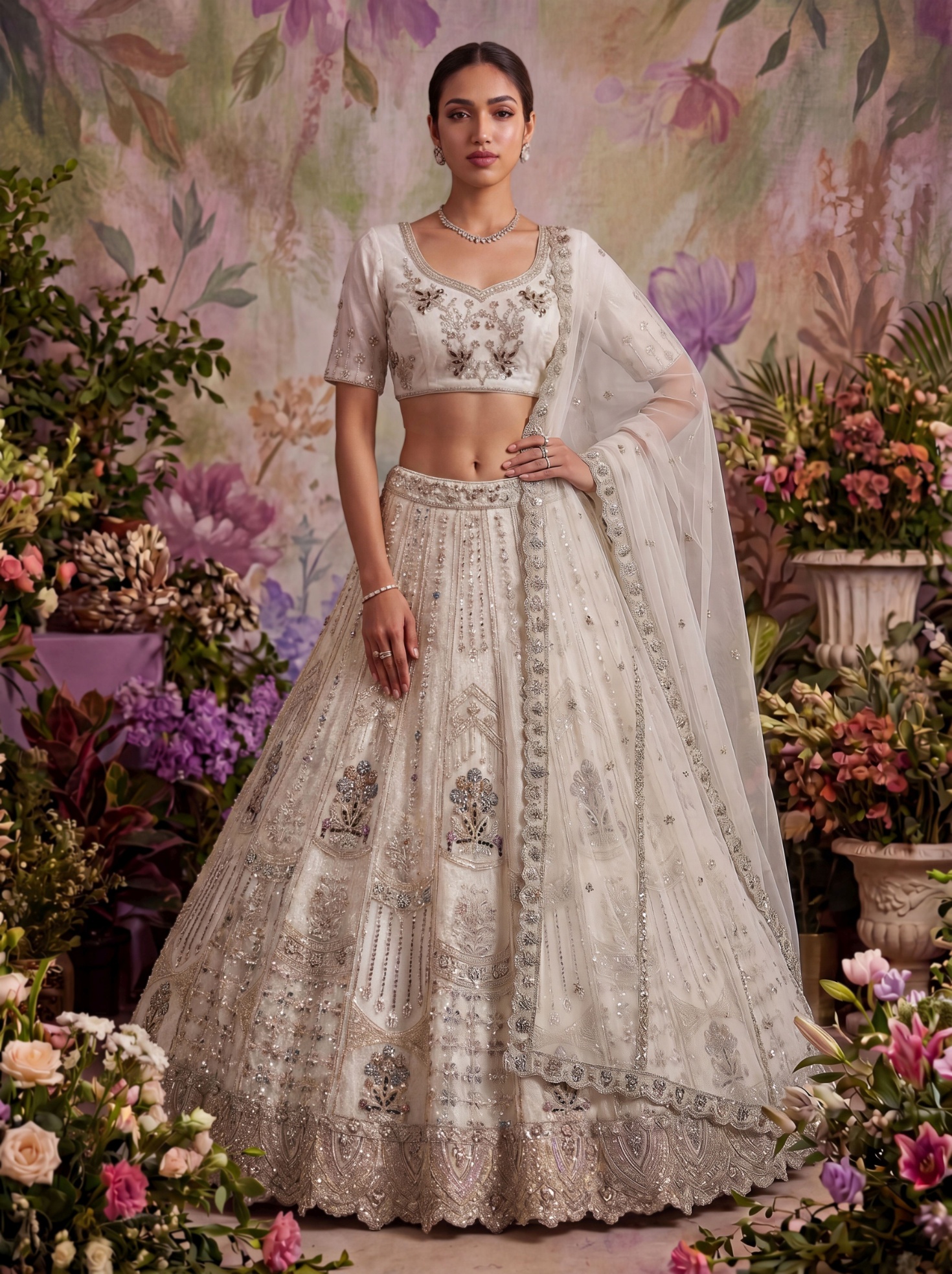 White Floral Jaal Embroidery Net Lehenga Choli