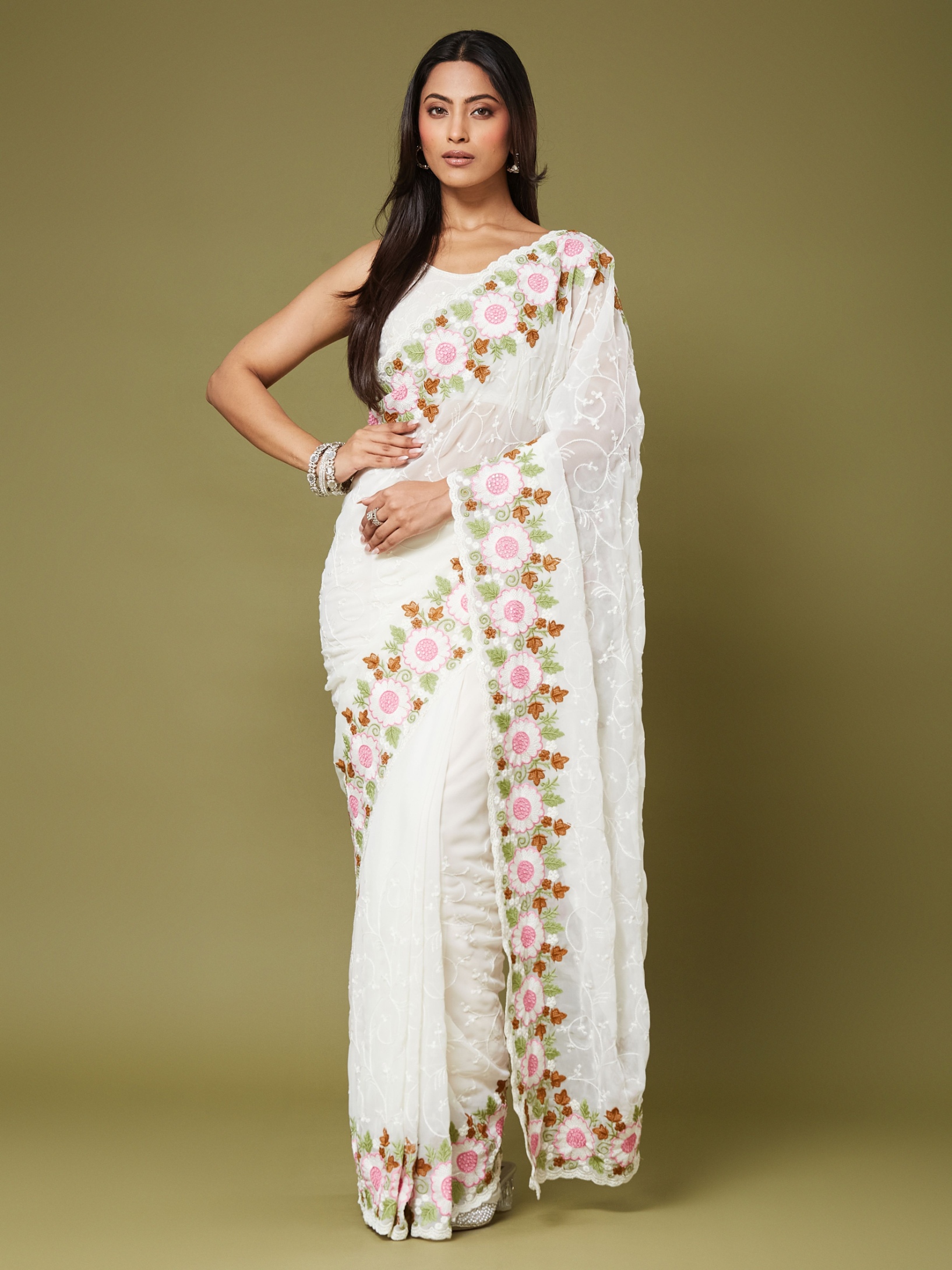 White Floral Multi Thread Moss Chiffon Saree