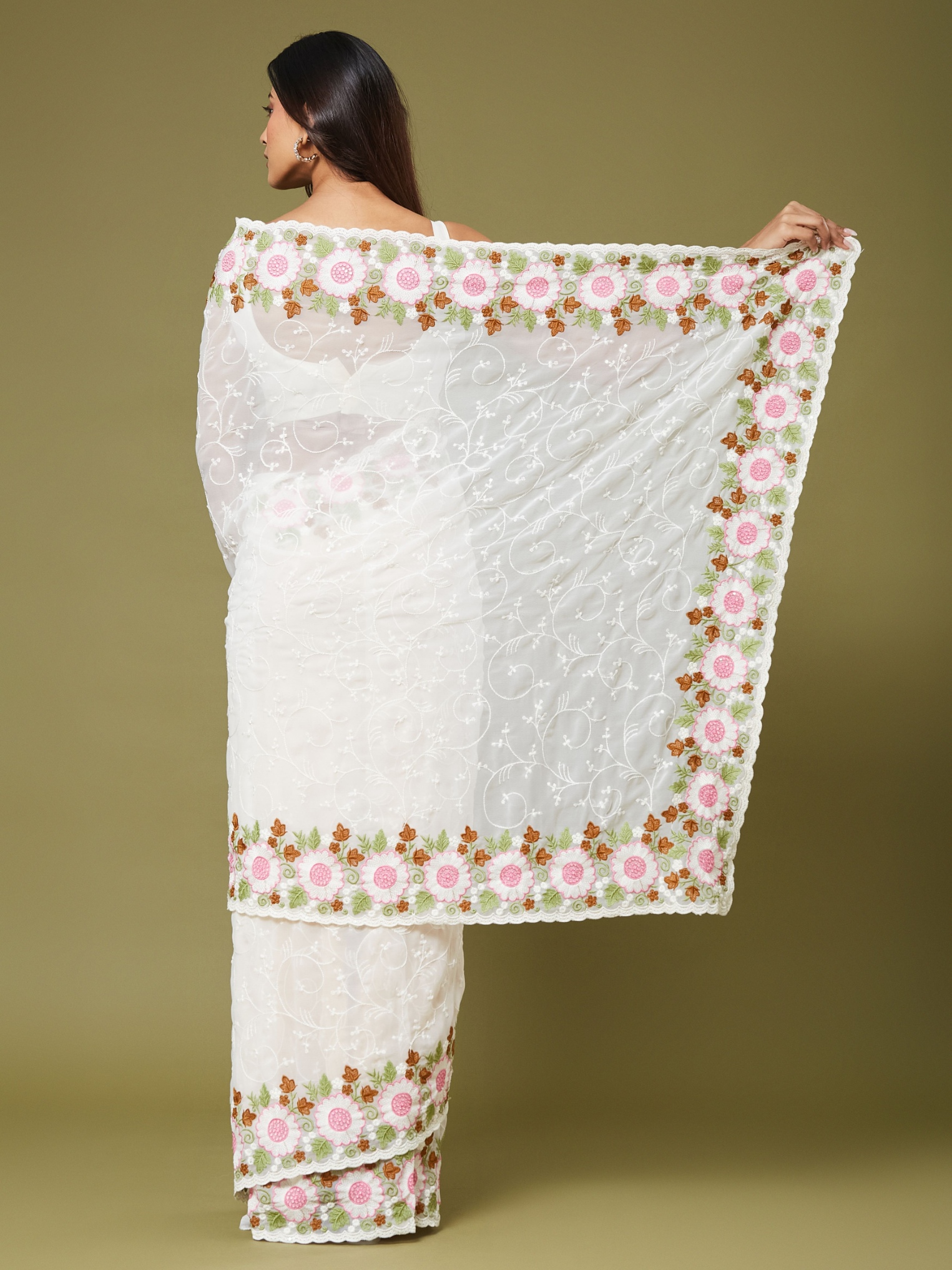 White Floral Multi Thread Moss Chiffon Saree — alternate view