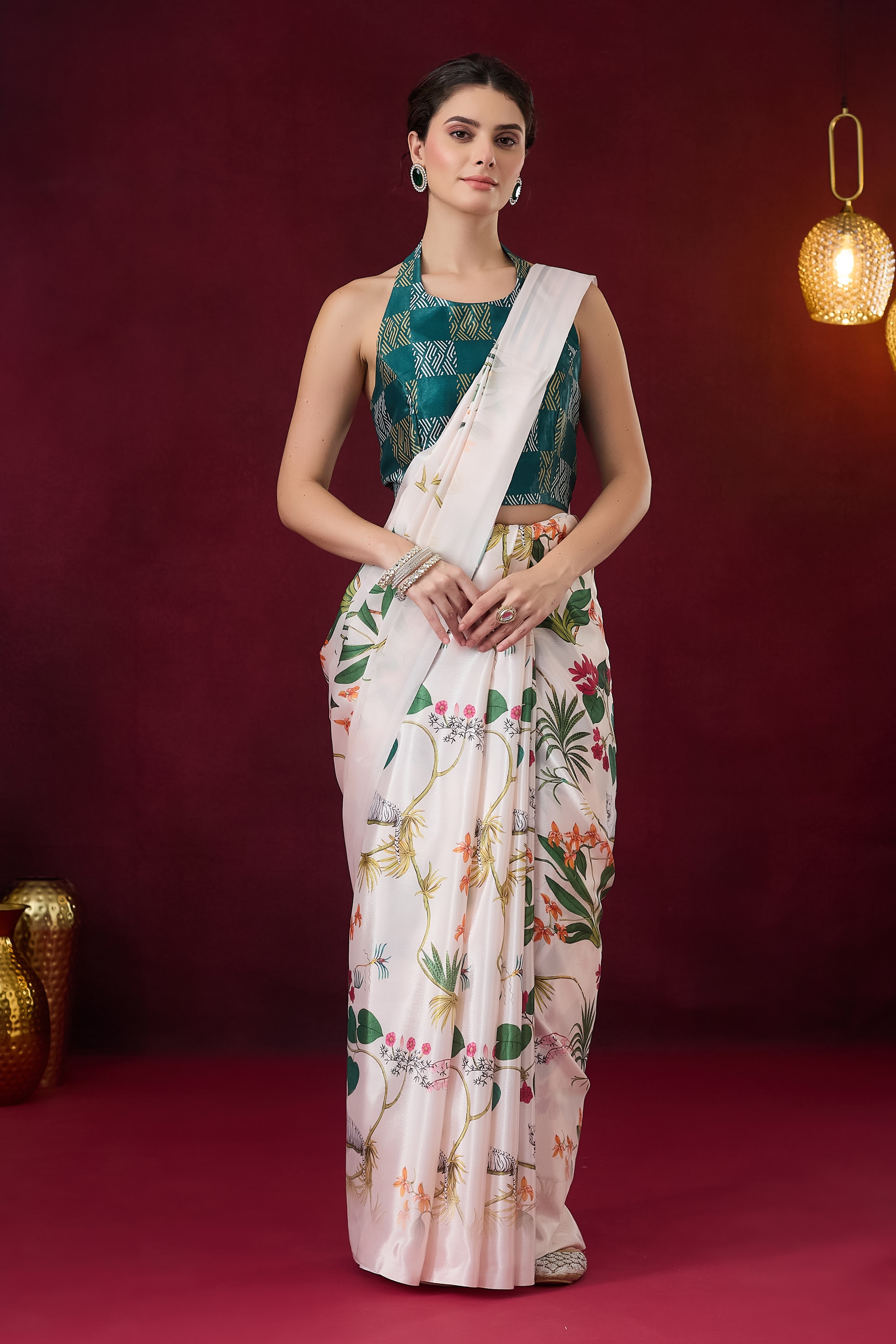 White Floral Print Ready To Wear Saree