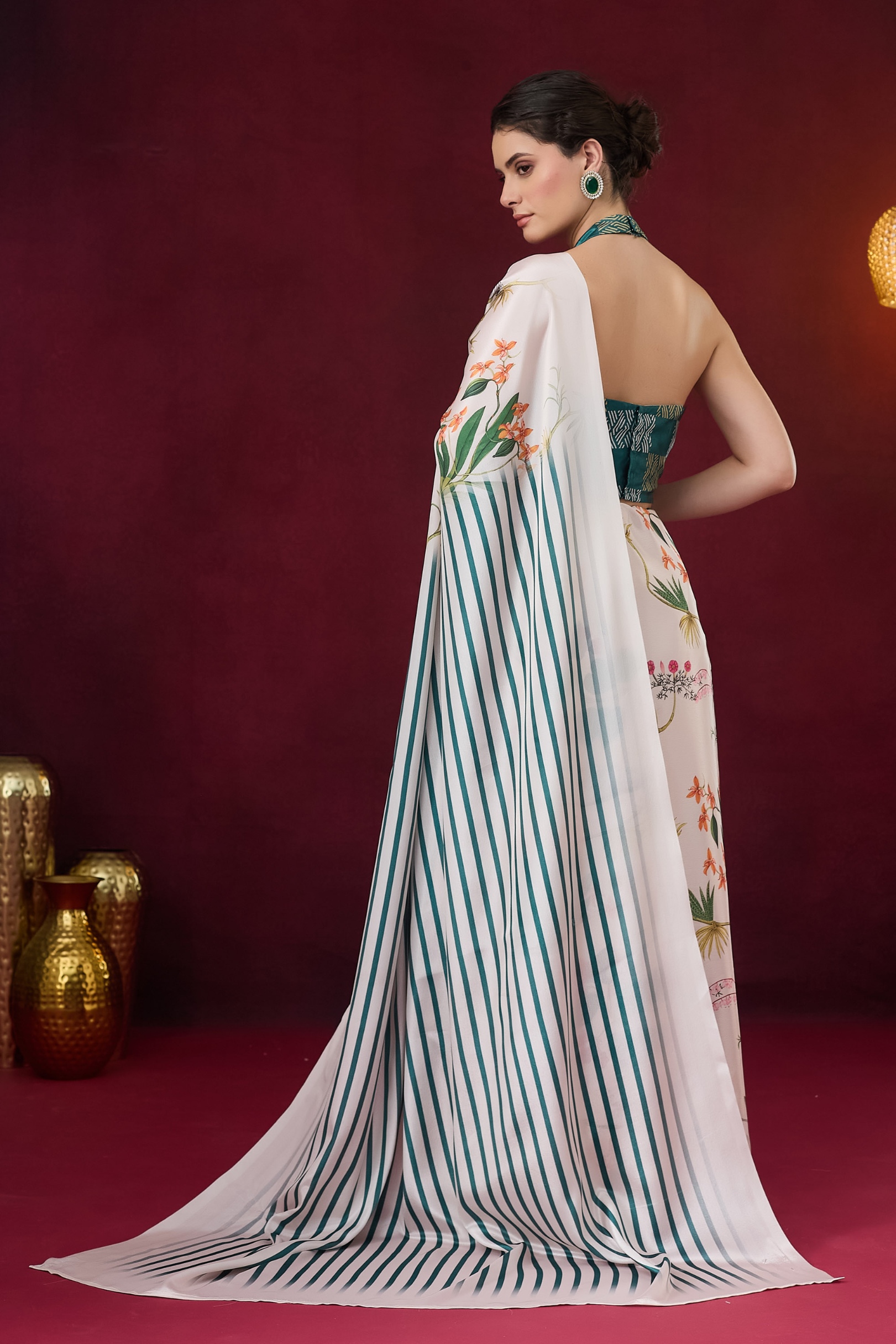 White Floral Print Ready To Wear Saree — alternate view