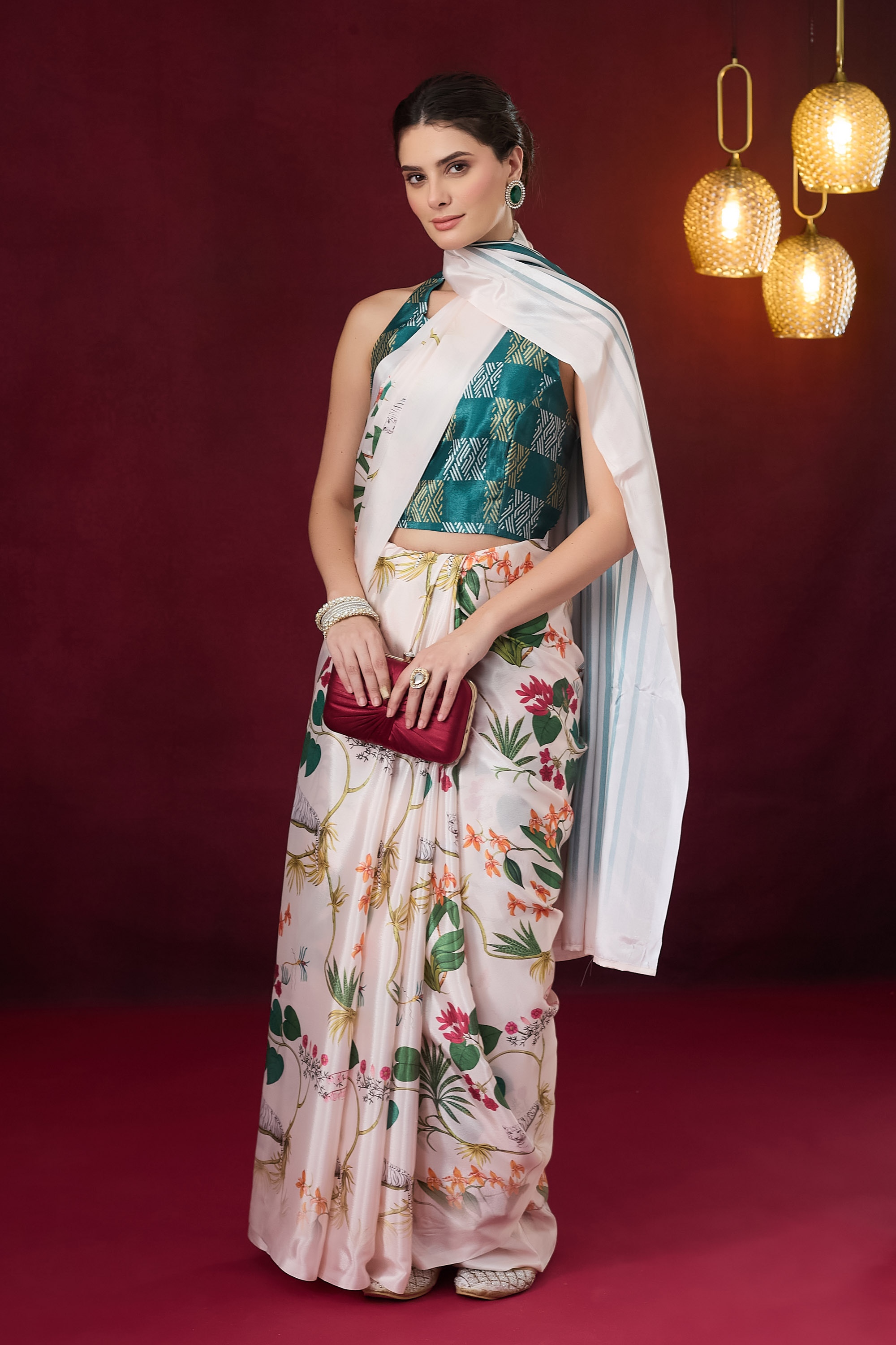 White Floral Print Ready To Wear Saree
