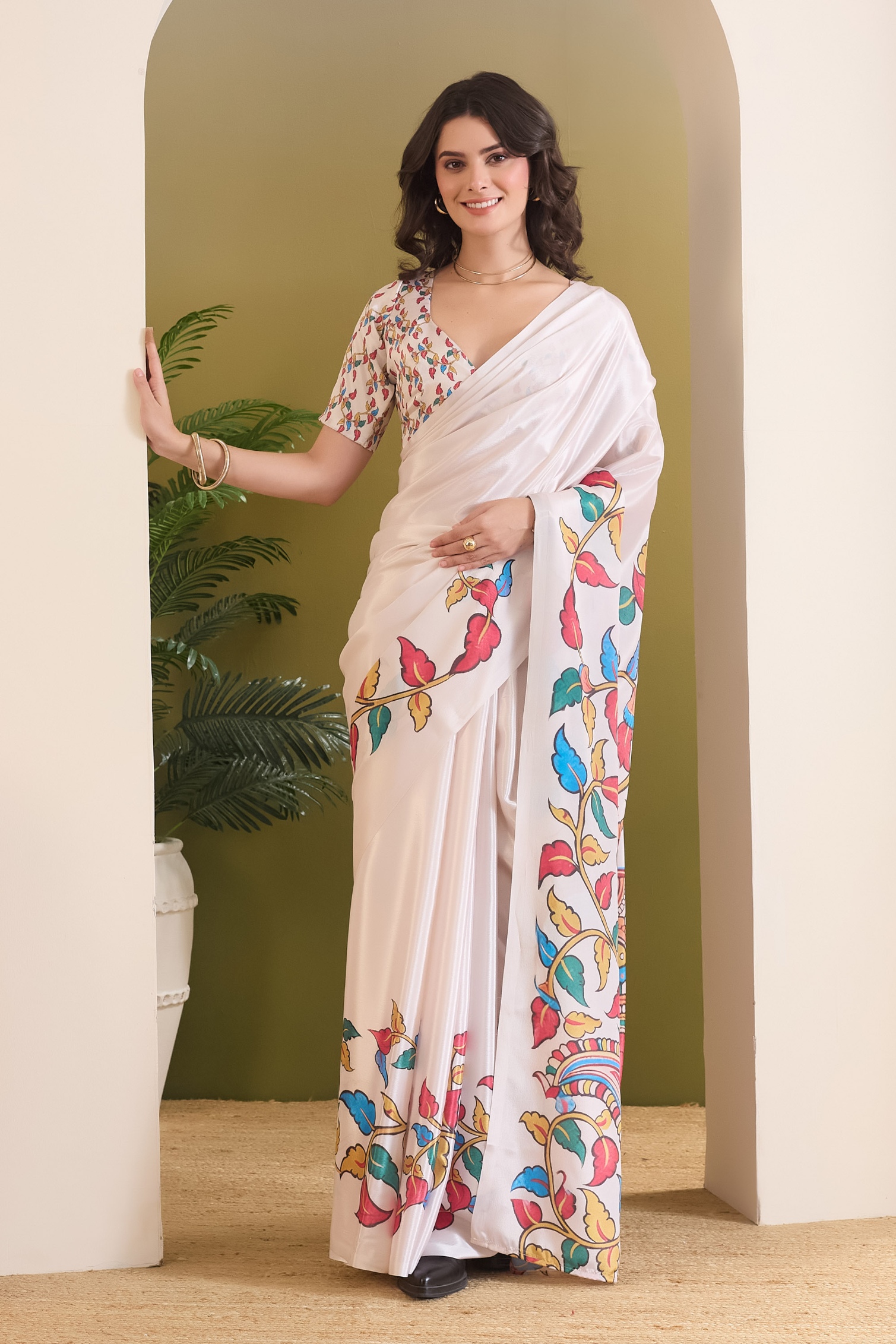 White Floral Print Satin Ready To Wear Saree