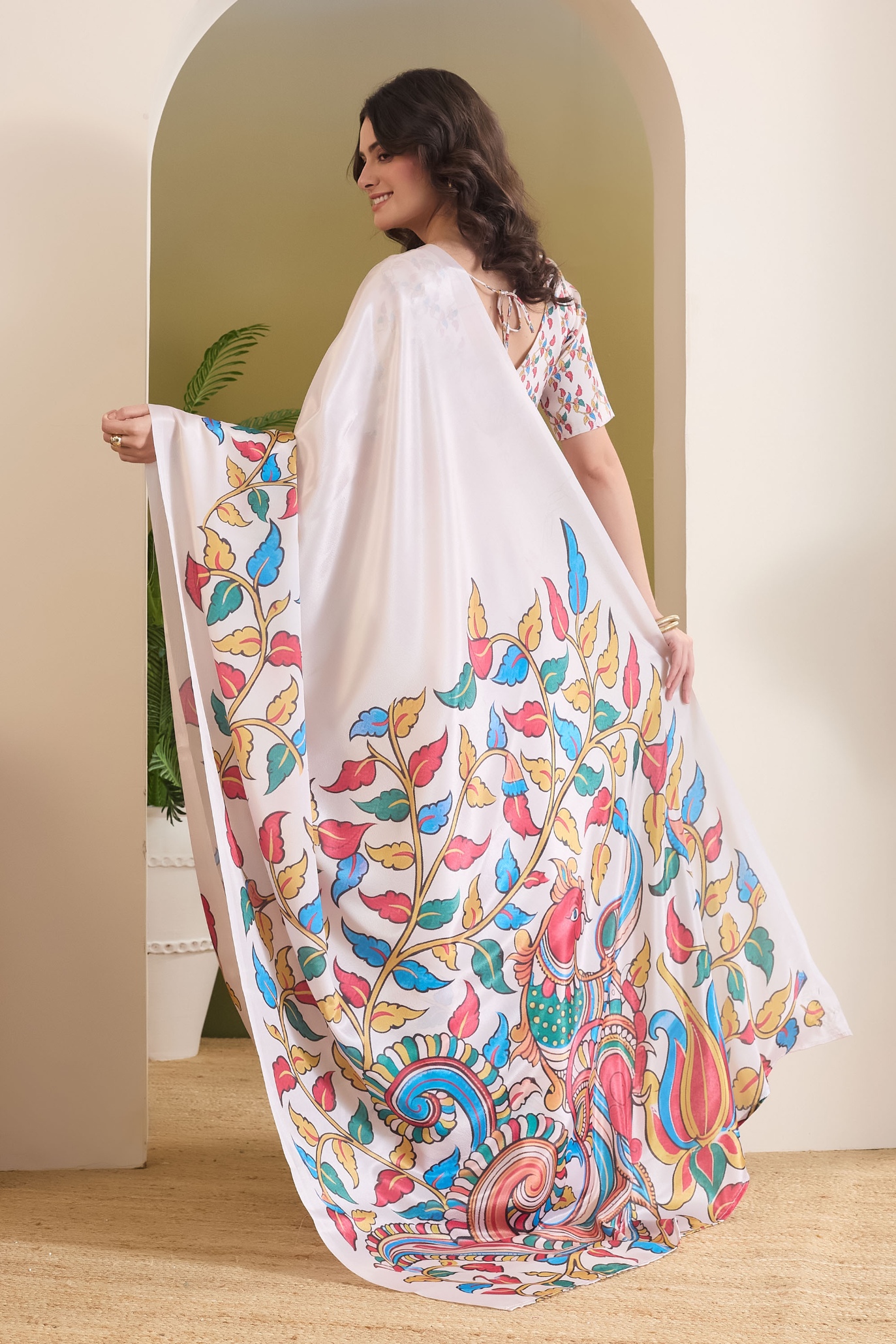 White Floral Print Satin Ready To Wear Saree — alternate view