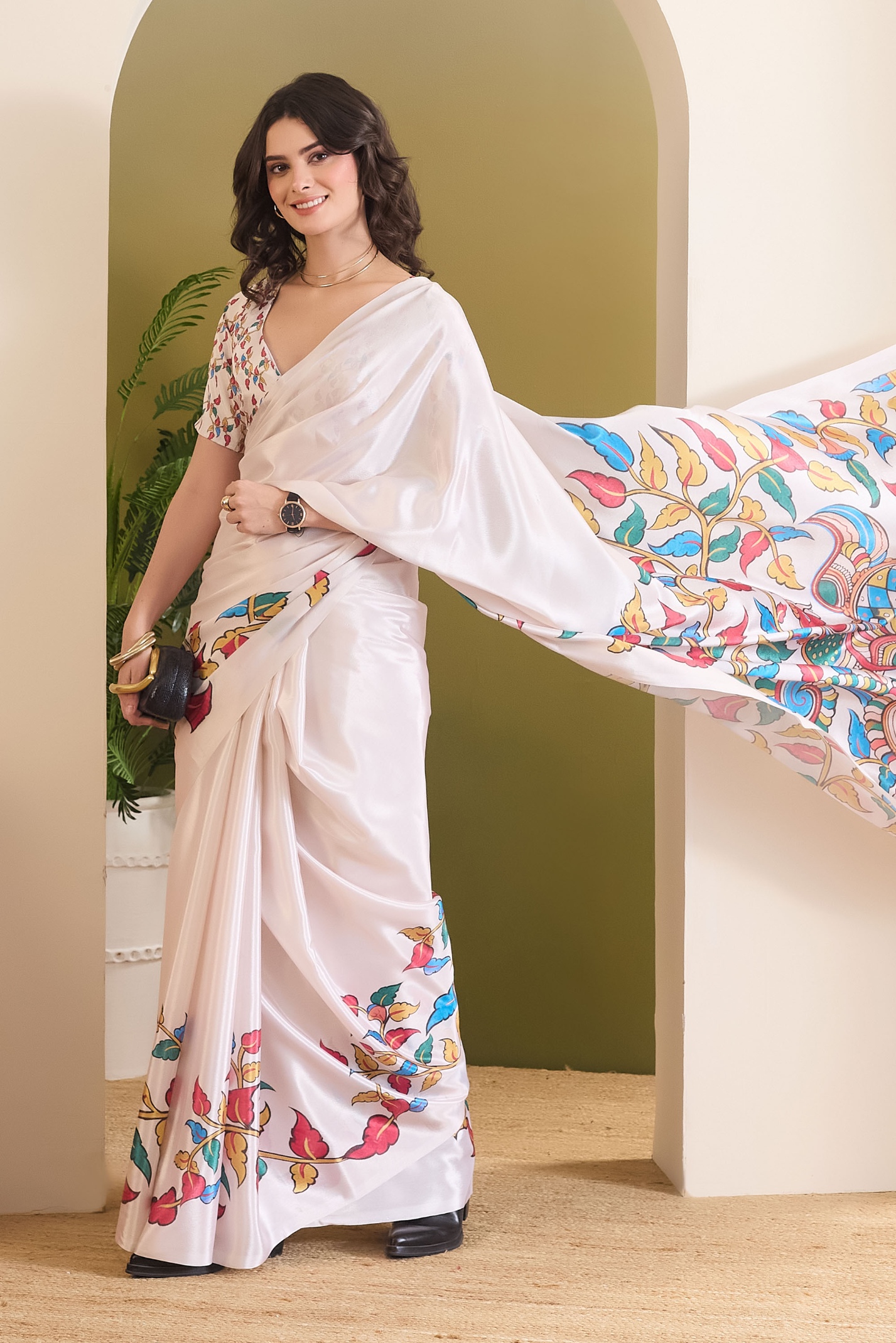 White Floral Print Satin Ready To Wear Saree