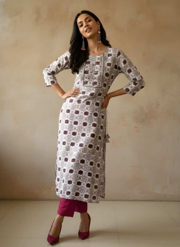 White Floral Printed Cotton Kurti