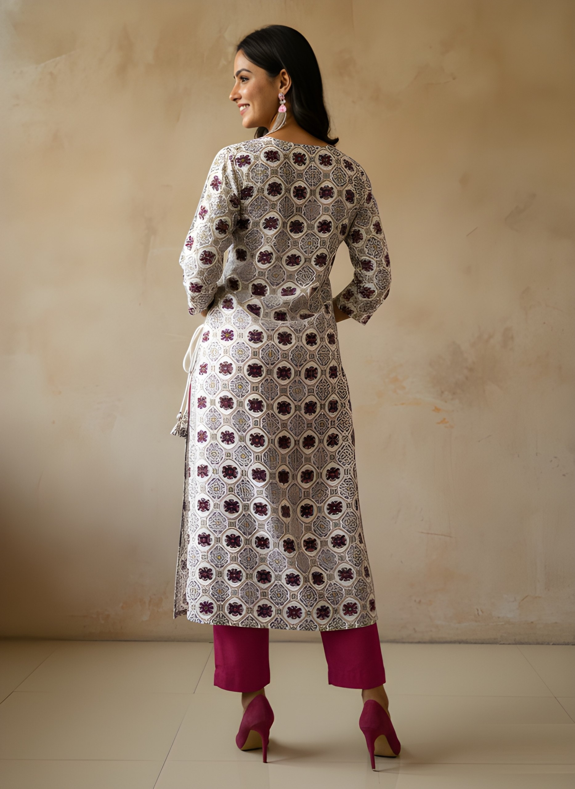White Floral Printed Cotton Kurti — alternate view