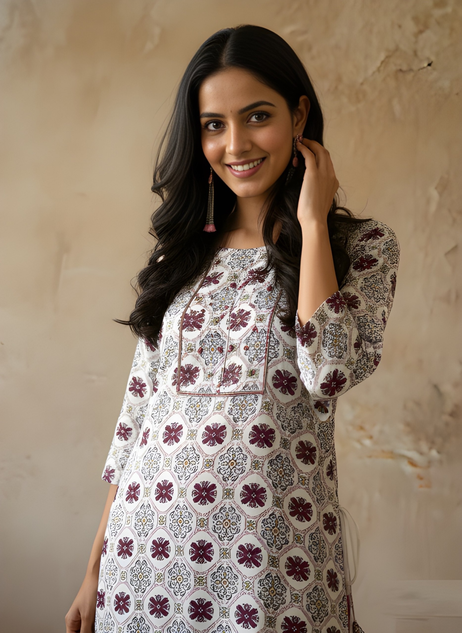 White Floral Printed Cotton Kurti