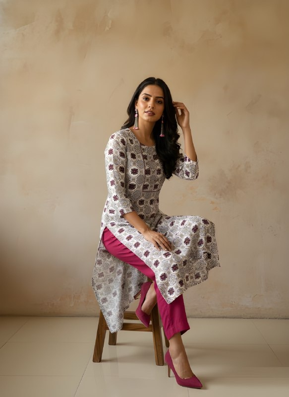 White Floral Printed Cotton Kurti