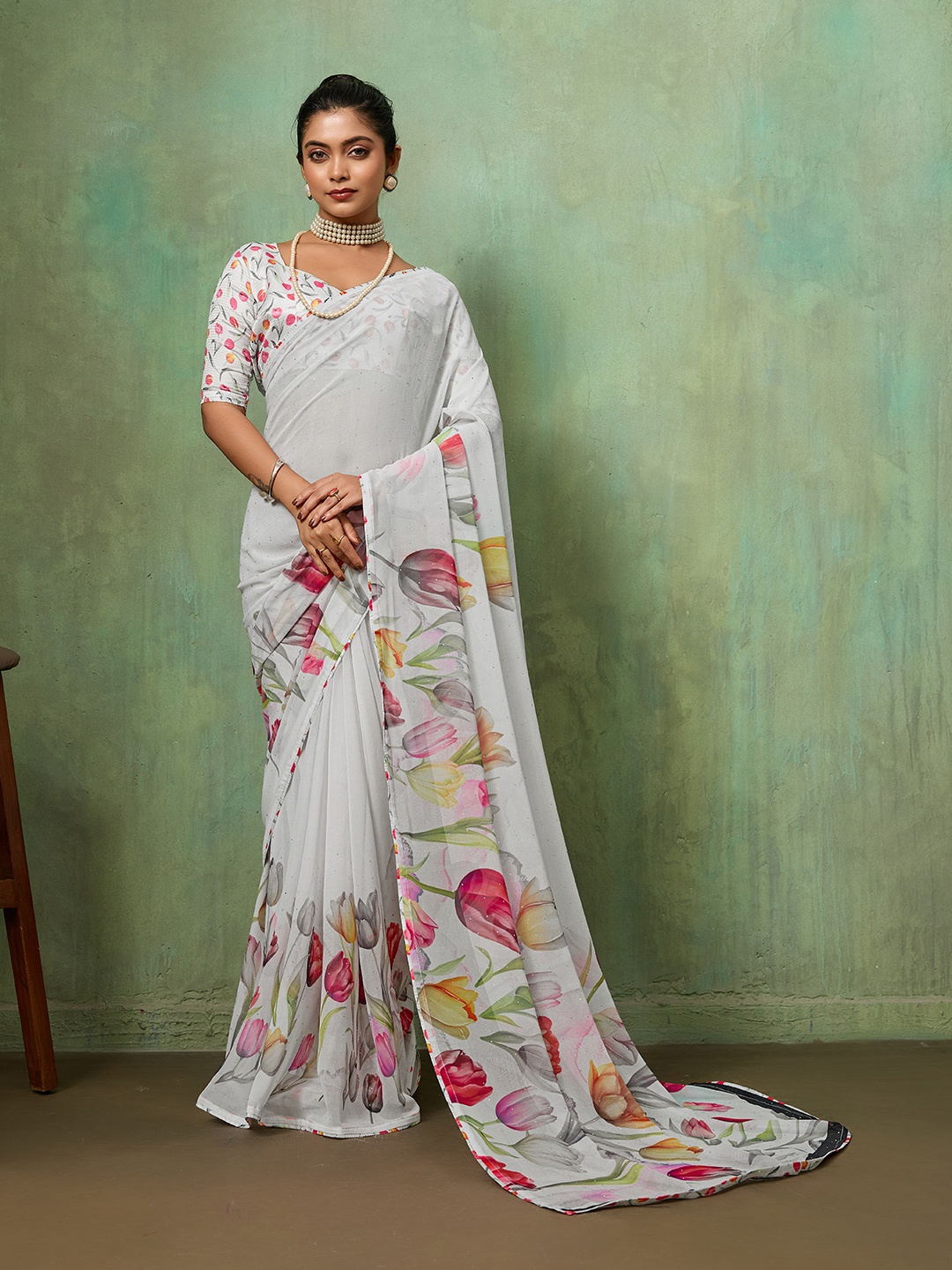 White Floral Printed Georgette Designer Saree