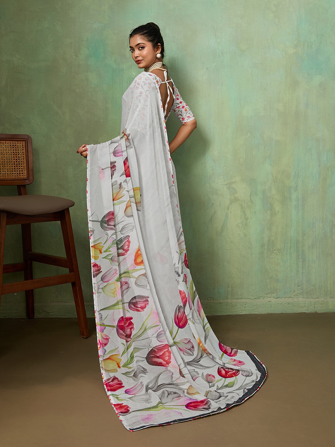 White Floral Printed Georgette Designer Saree — alternate view
