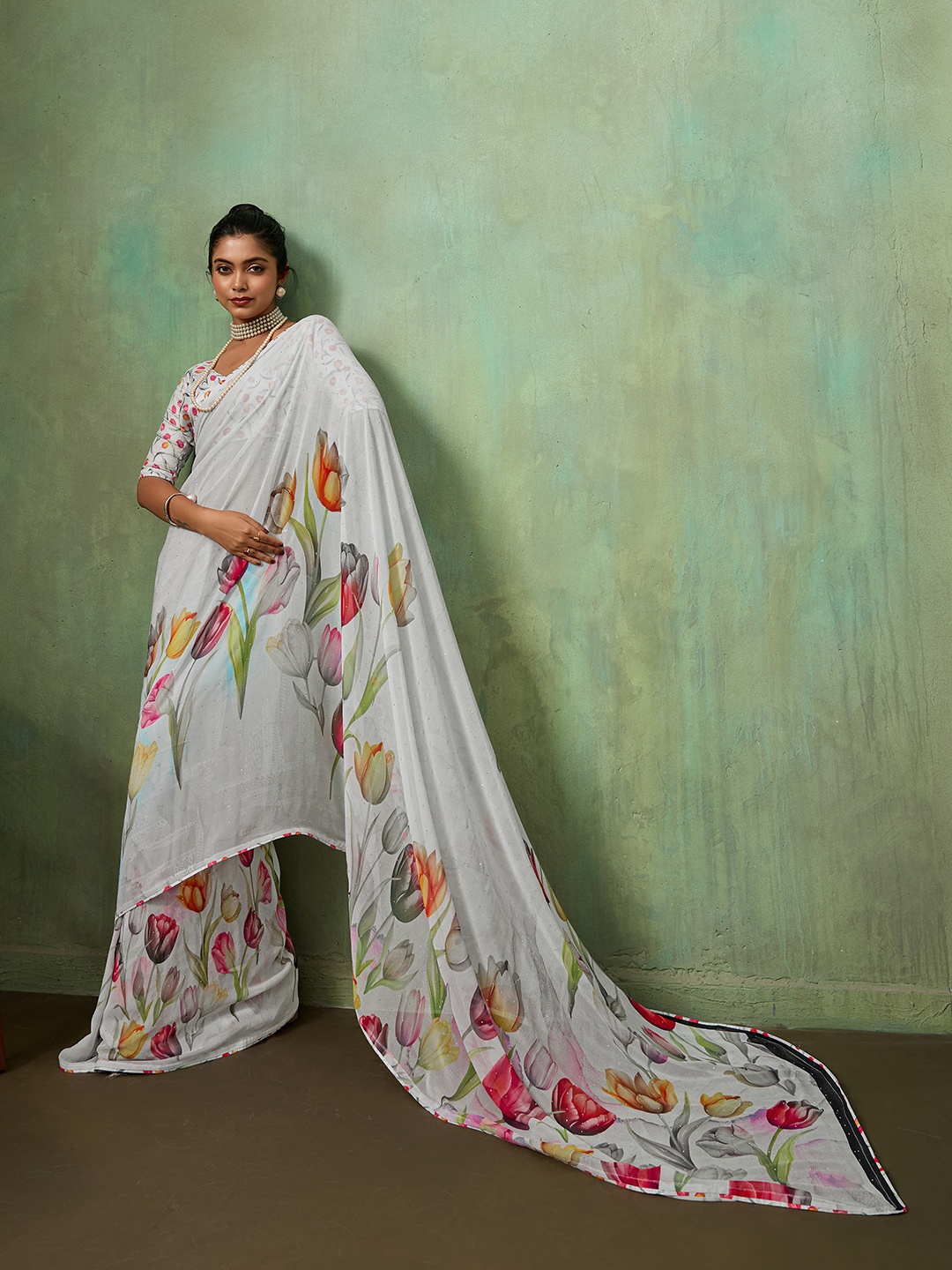 White Floral Printed Georgette Designer Saree