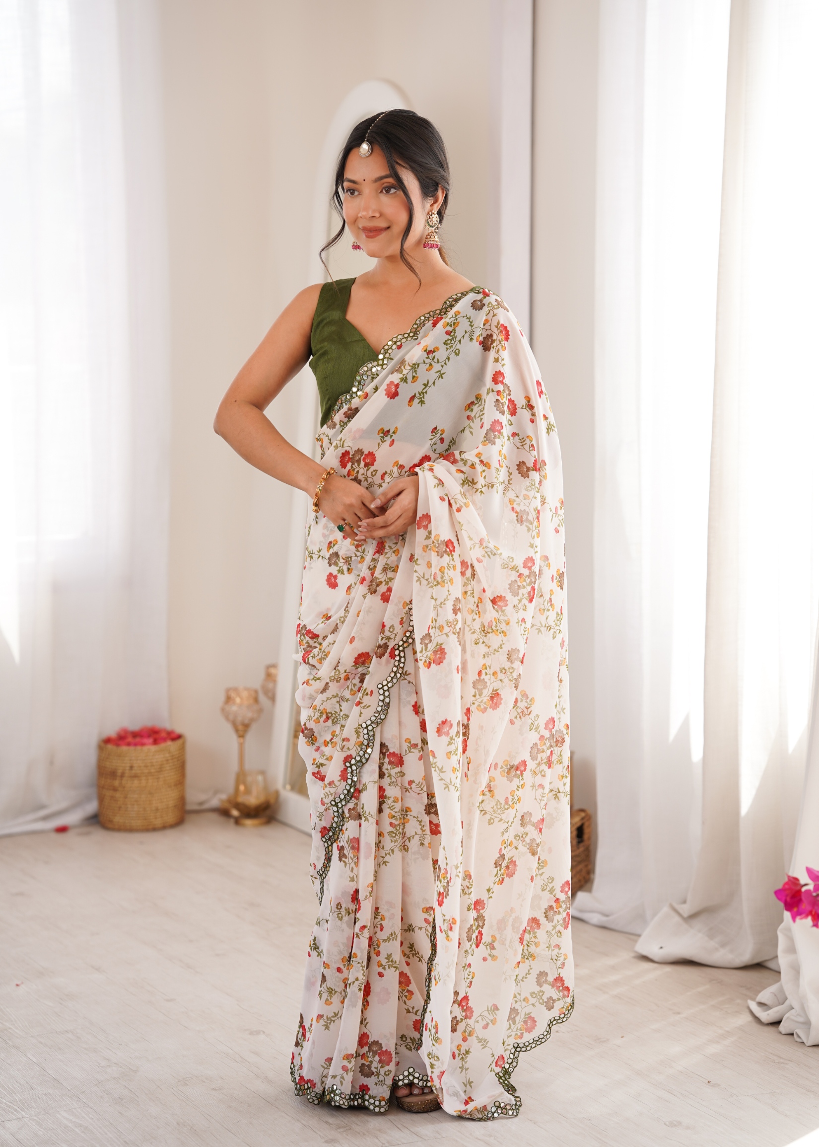 White Floral Printed Georgette Party Saree