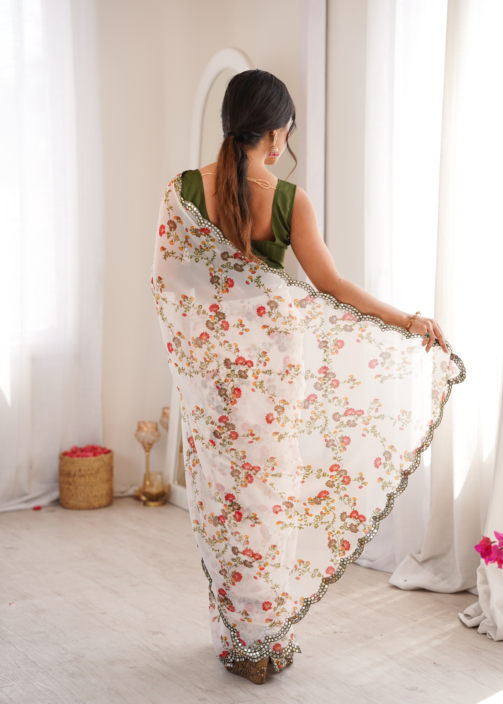 White Floral Printed Georgette Party Saree — alternate view